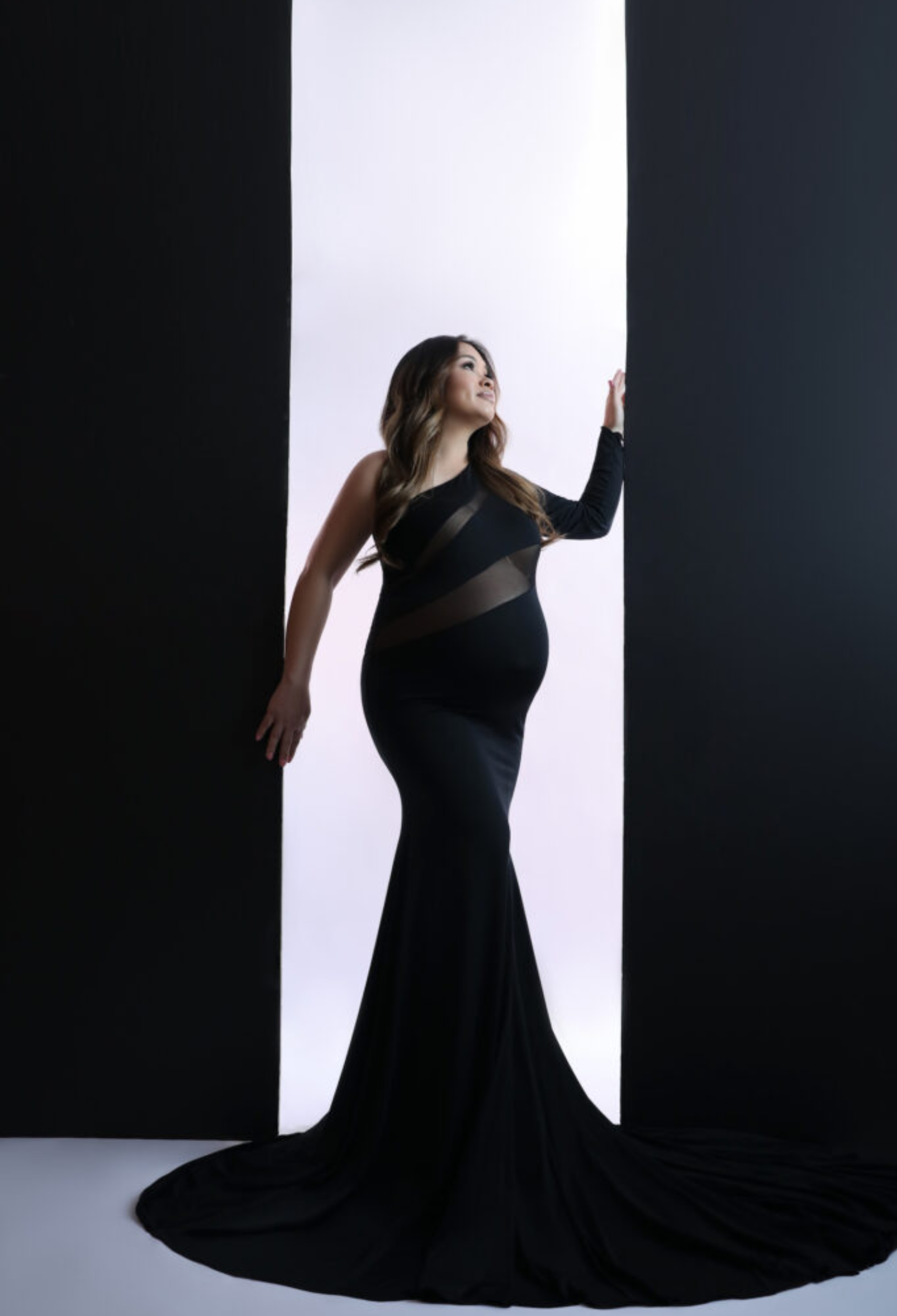 Artistic maternity silhouette in black form-fitting gown against stark black and white backdrop.