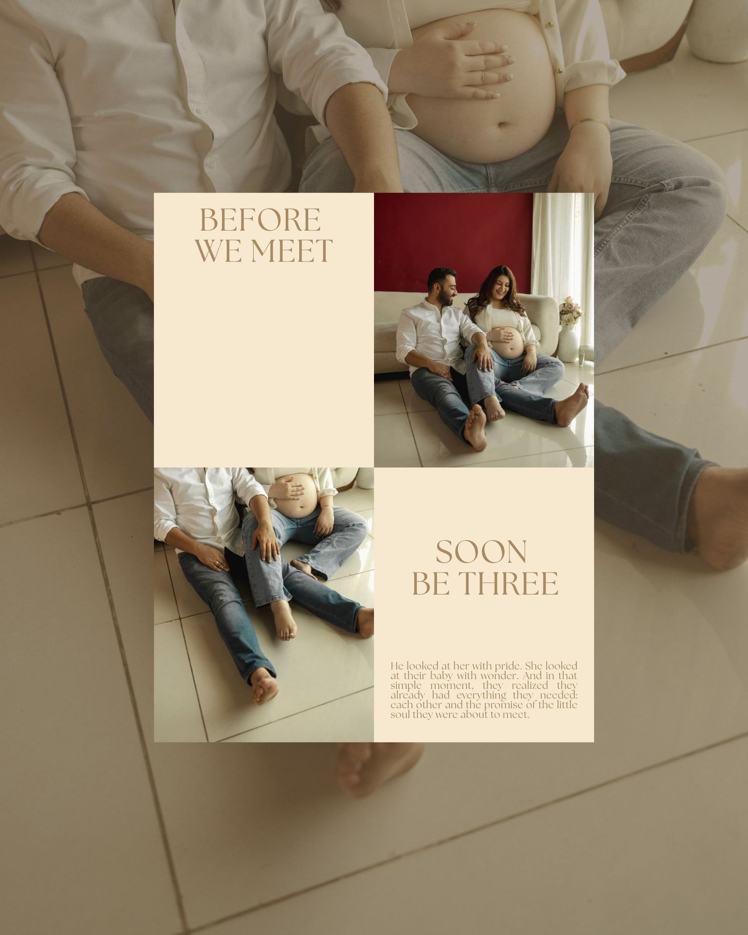 Maternity photo collage with 'Before We Meet, Soon Be Three' text featuring couple posing with pregnant belly.