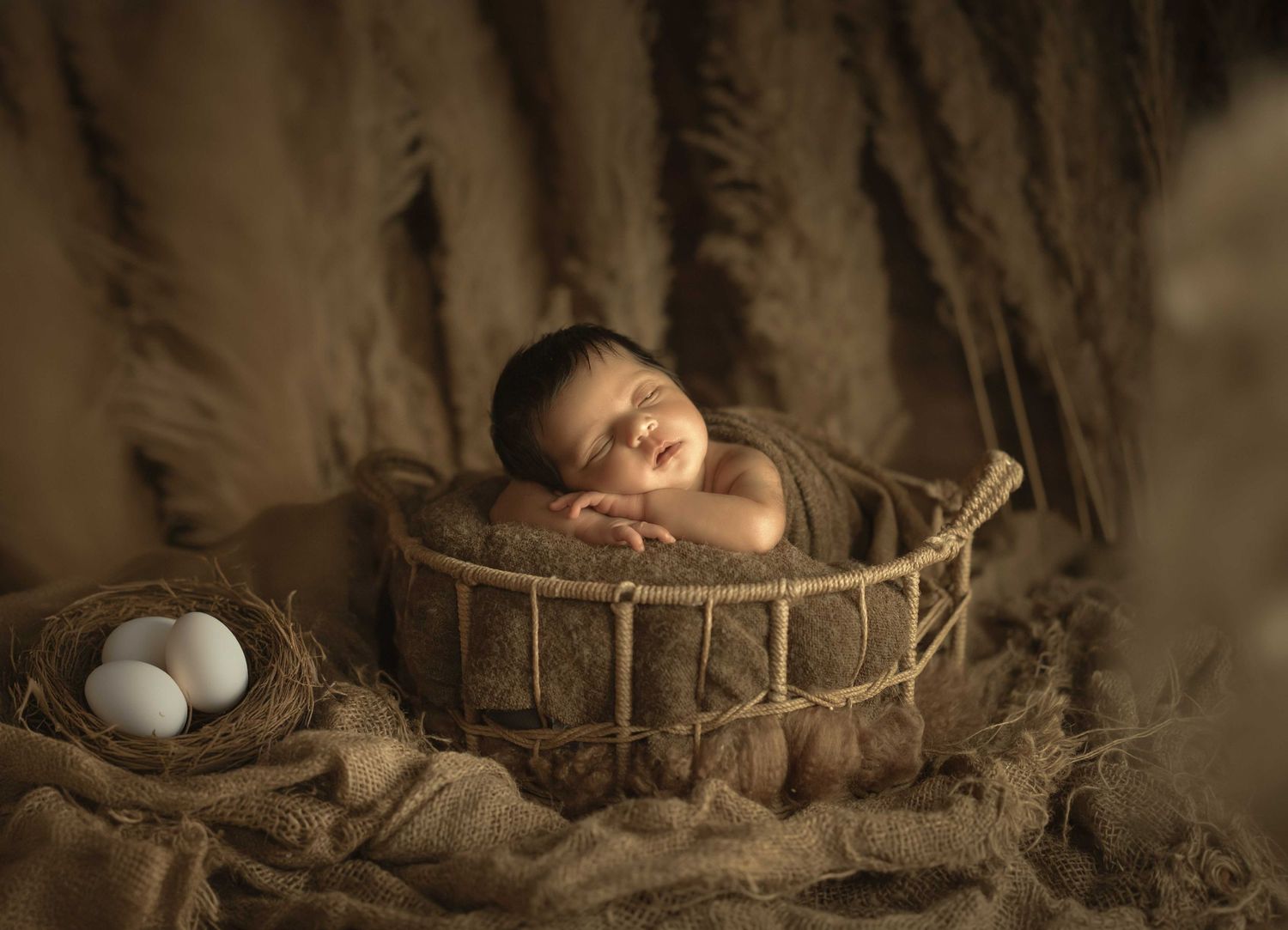 Peaceful newborn baby sleeping in a rustic woven basket surrounded by eggs and soft brown burlap fabric.