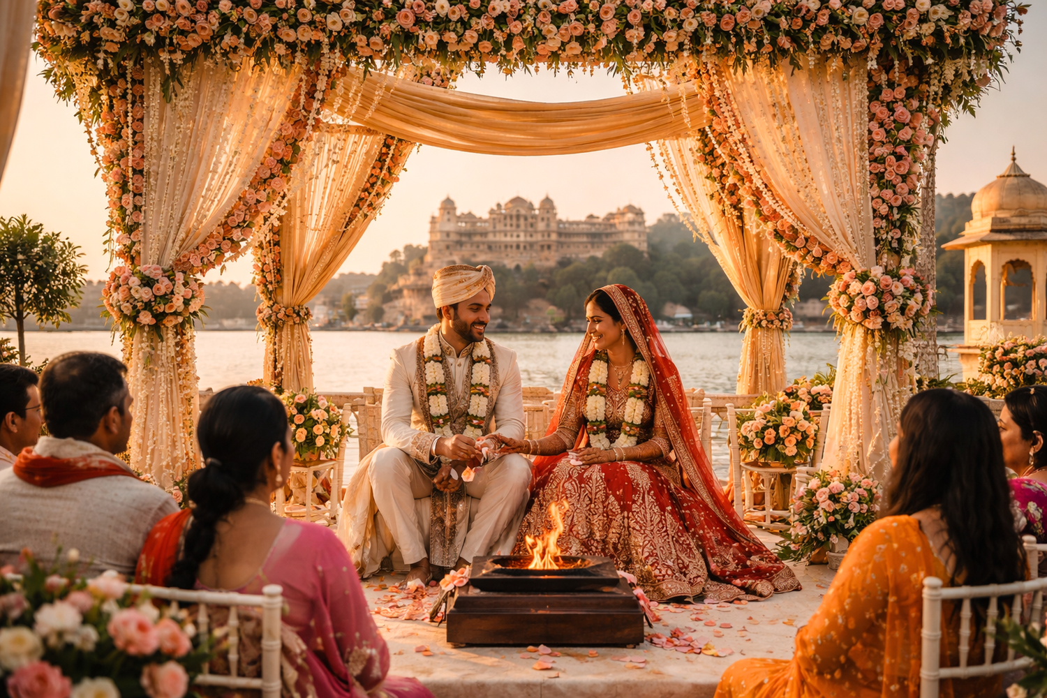 Elegant Indian wedding ceremony setup with golden floral mandap decorations and draped fabric at sunset.