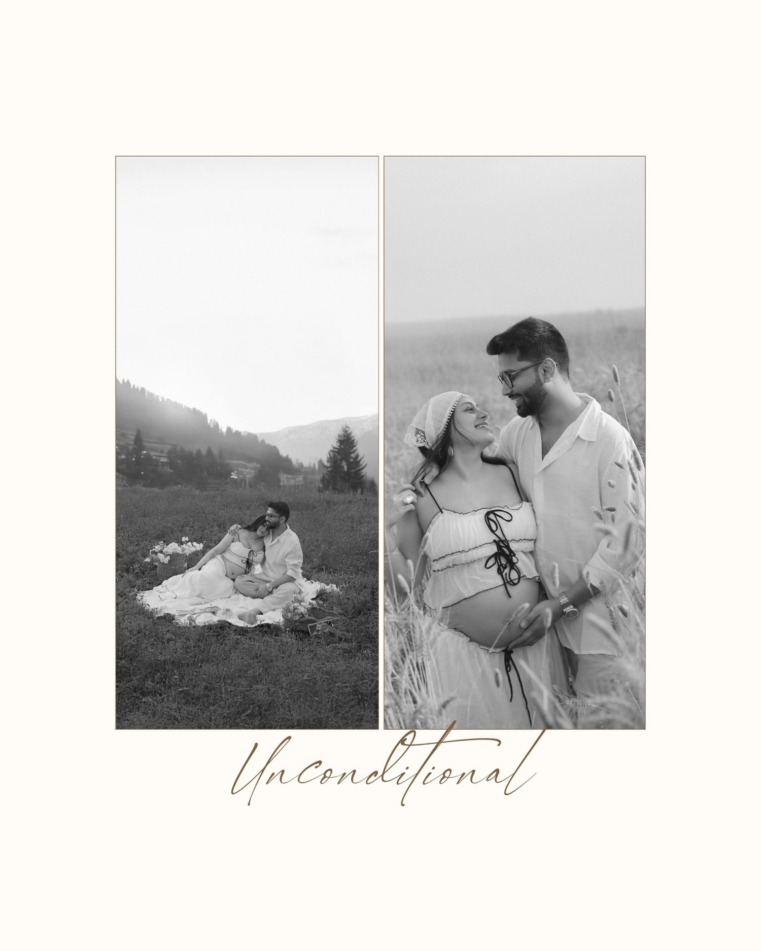 Black and white maternity photo collage of a couple in a field with the word Unconditional in script.