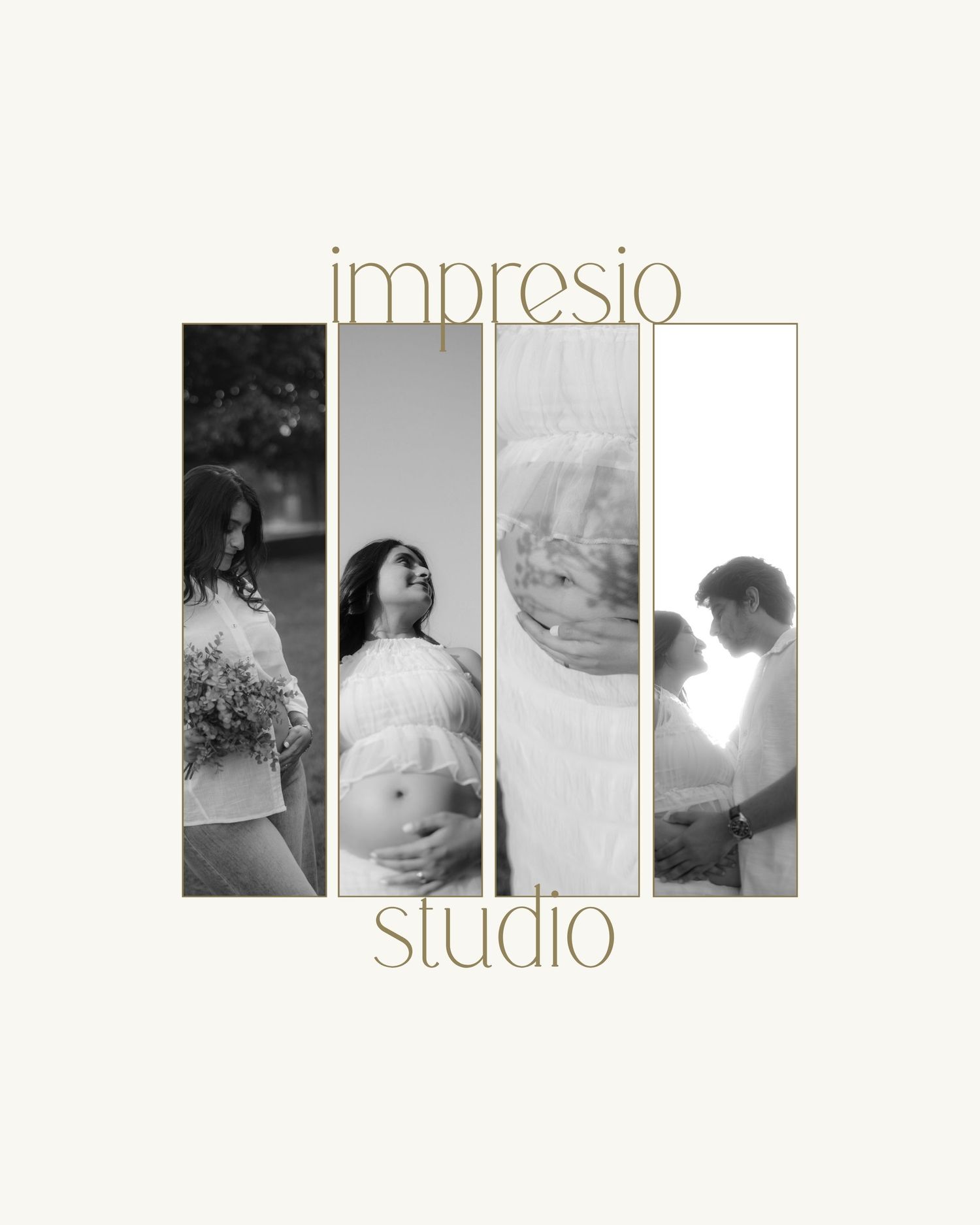 Black and white maternity photo collage for Impresio Studio featuring pregnant women in elegant poses.