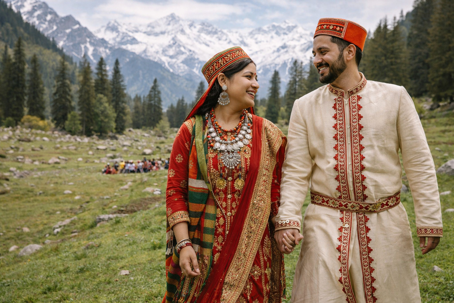 A couple in traditional Indian wedding attire poses against a backdrop of snow-capped mountains and evergreen forest.