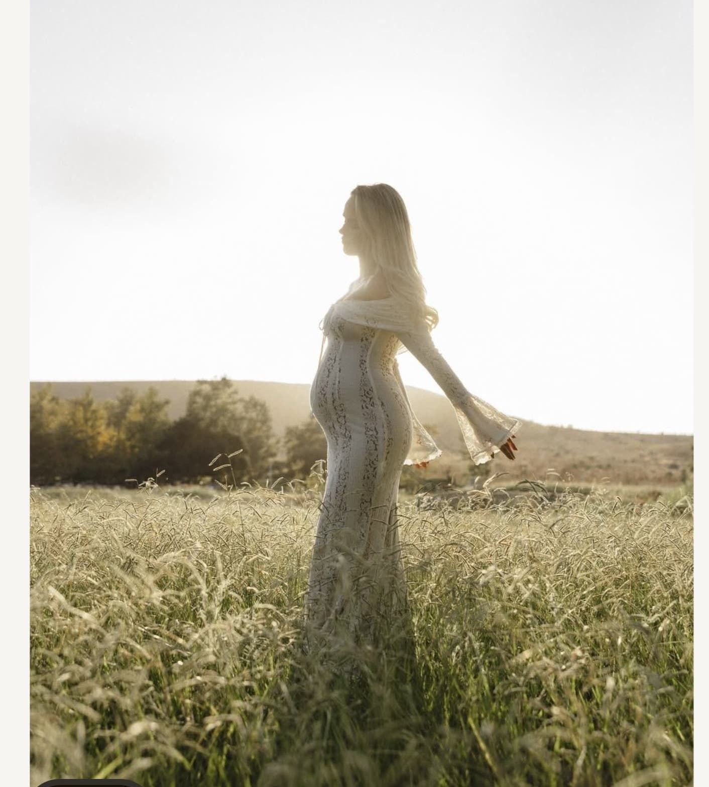 Artistic maternity photos captured in a wild grass field during golden hour.