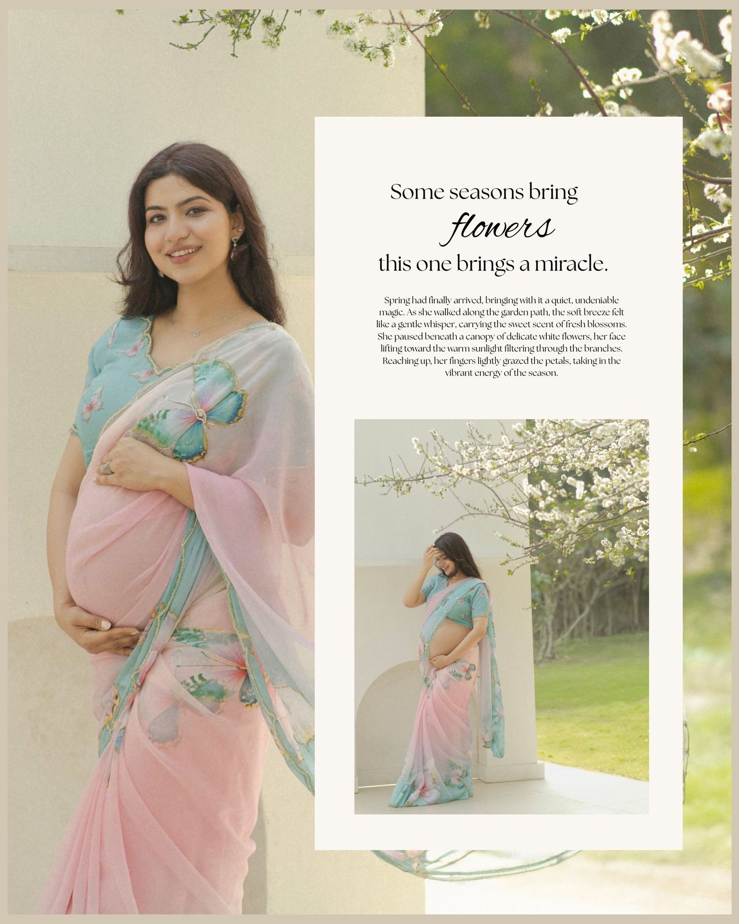 Pregnant woman in pink floral saree with teal border poses gracefully, embodying elegance in traditional Indian maternity wear.