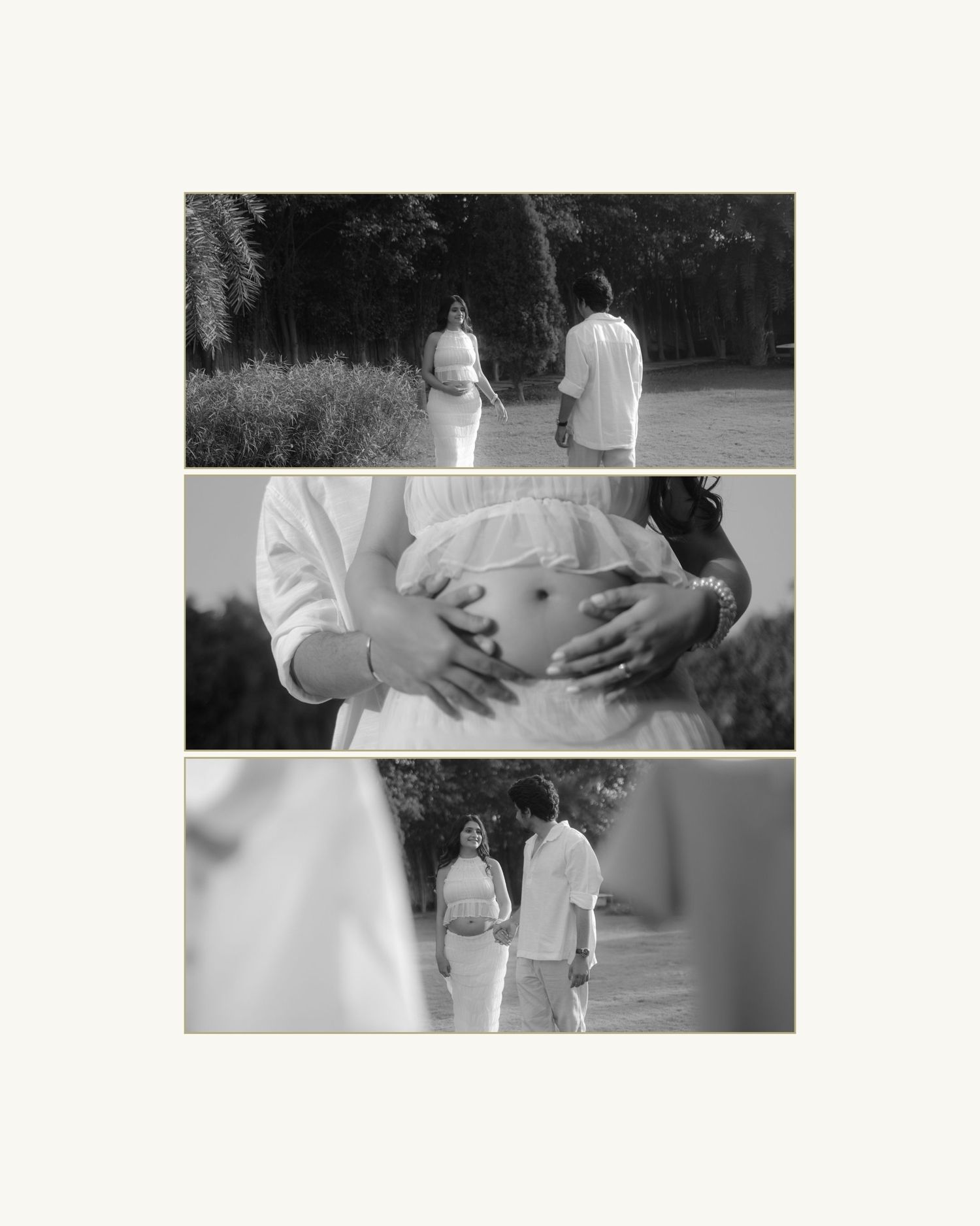 Black and white maternity photo collage of couple walking outdoors and cradling pregnant belly in white outfits.