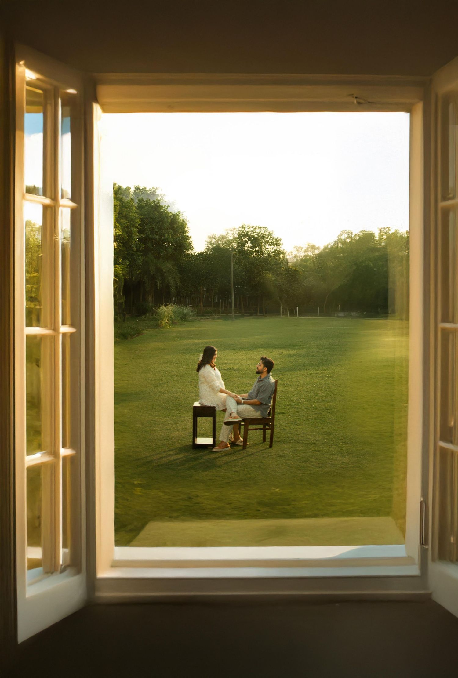 Couple sitting on chairs in a lush green lawn, viewed through open French doors at golden hour.