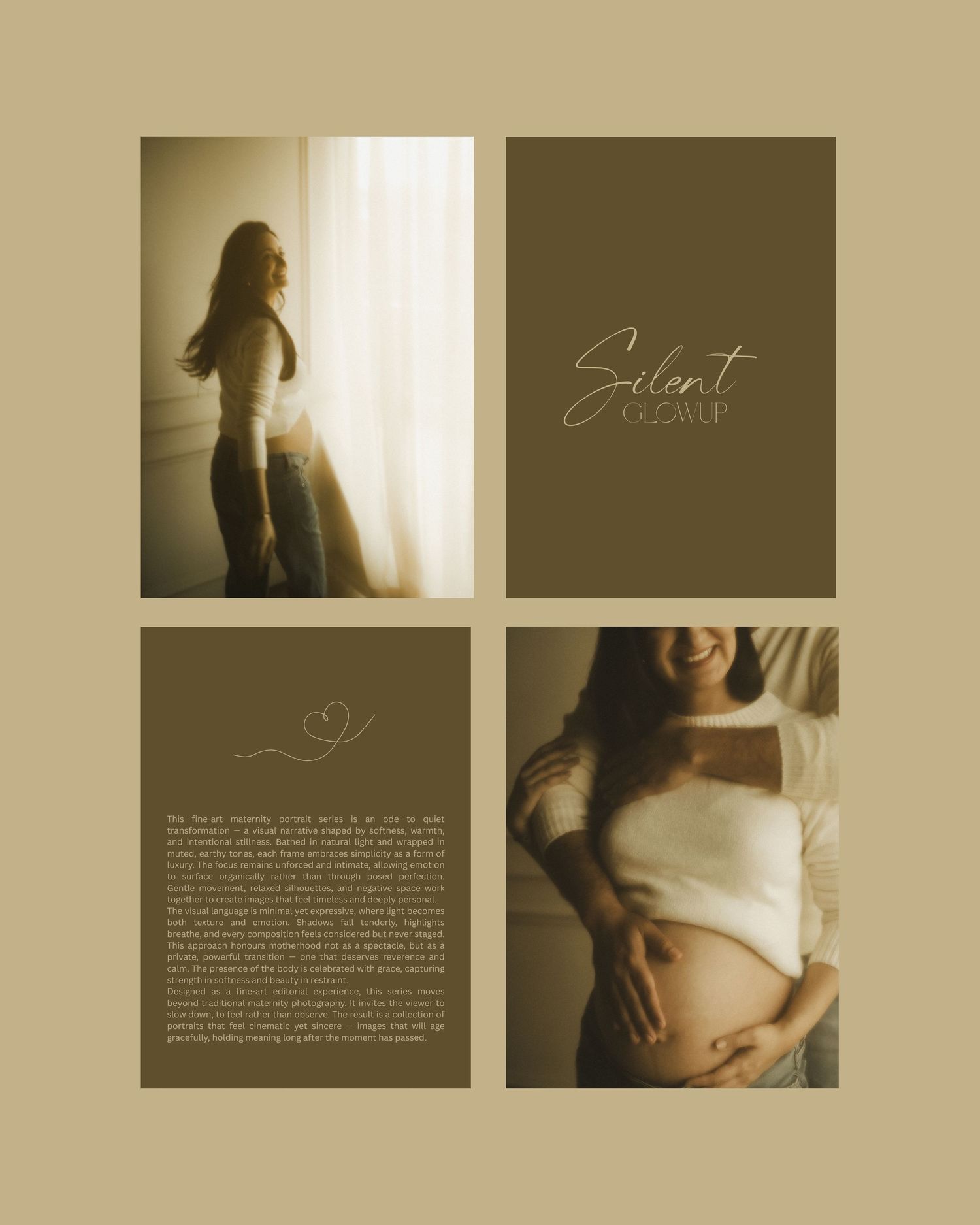 A soft sepia-toned collage features silhouetted figures, elegant text, and moody artistic photography in earth tones.