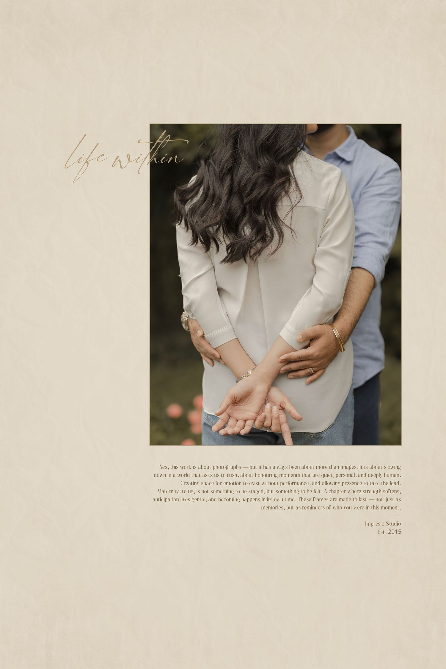 Romantic couple embracing outdoors, woman in white blouse with hands extended, lifestyle photography with elegant script overlay.