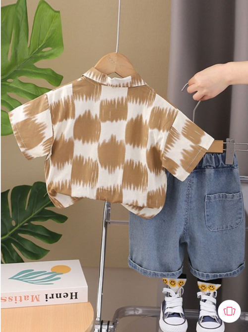 Boys casual set featuring brown ikat print shirt and blue denim shorts.