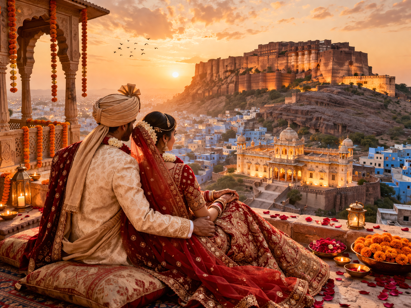 Colorful panoramic view of Jodhpur's Mehrangarh Fort at sunset with glowing orange sky over the blue city in India.