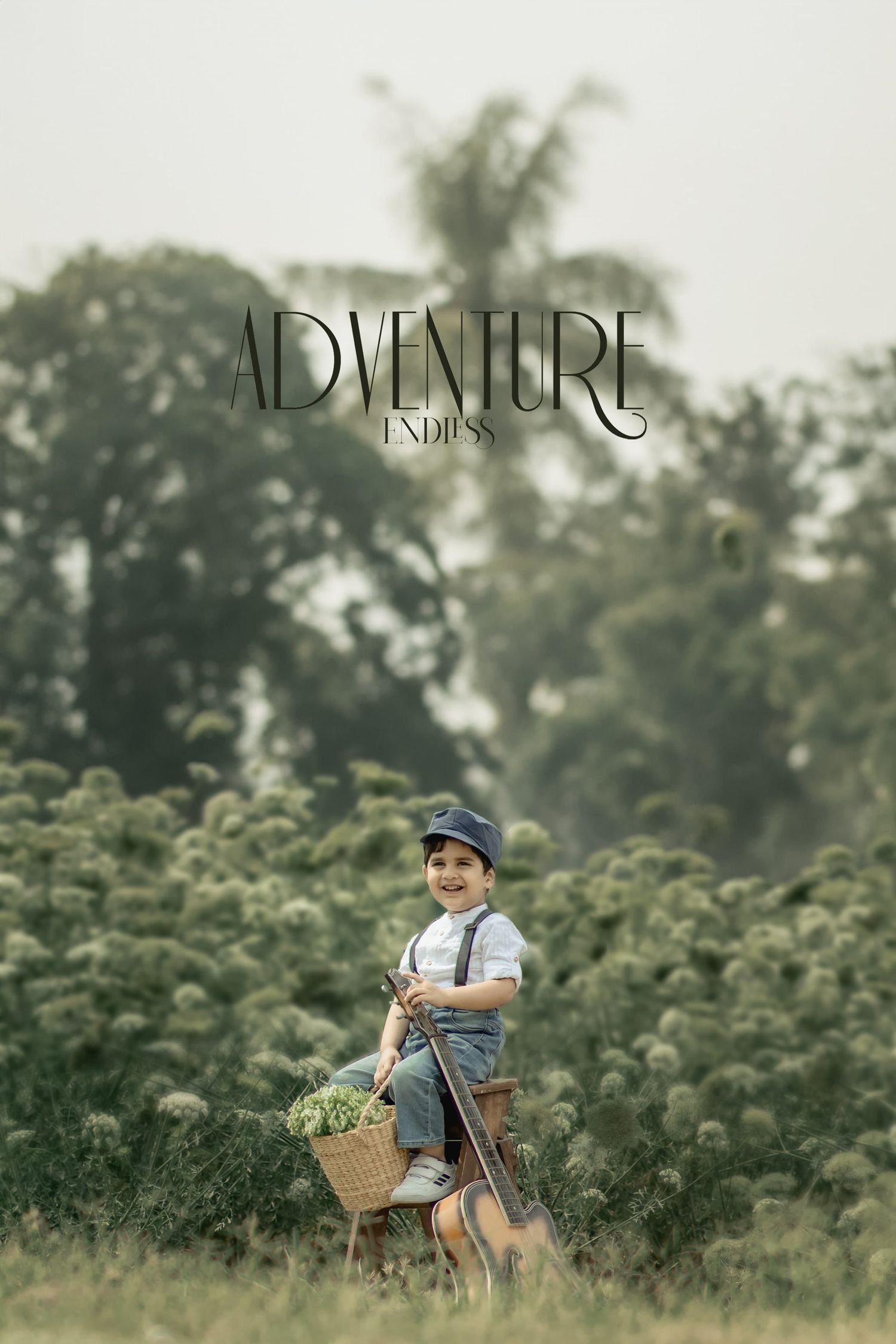 A vintage-inspired outdoor scene with a bicycle and basket against a lush green forest background for pre-birthday photoshoot.