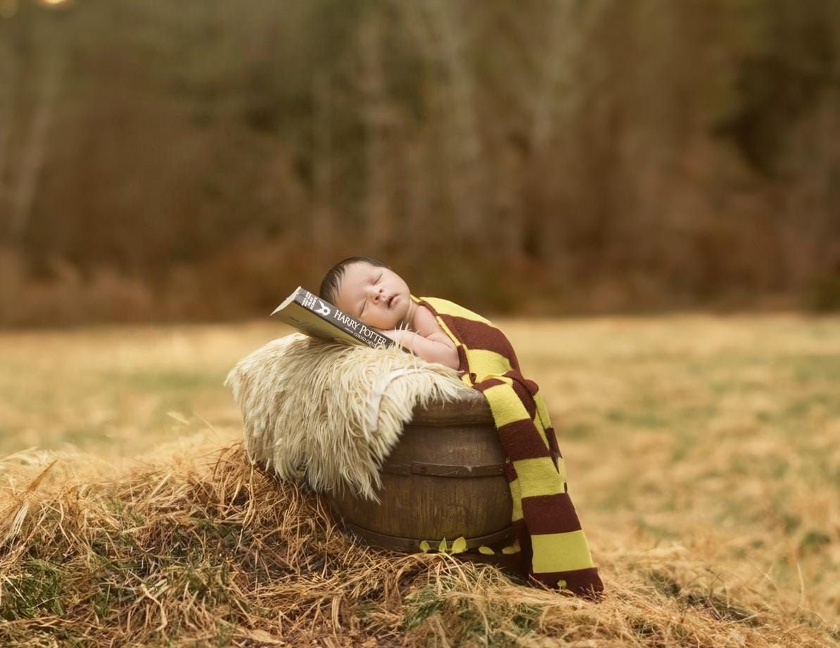 Newborn baby sleeping in a rustic bucket with a Harry Potter Gryffindor scarf and open book outdoors.