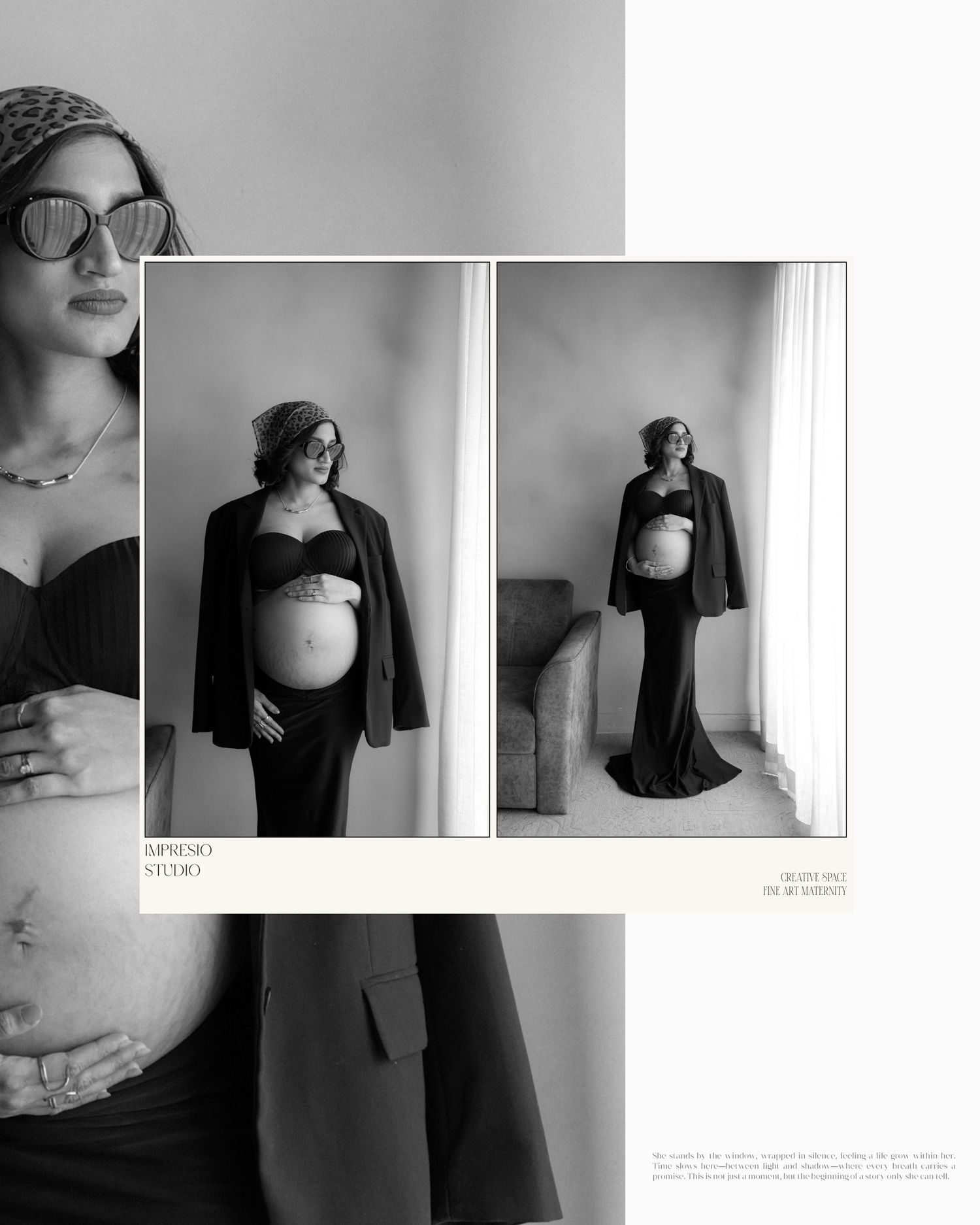 Black and white maternity photo collage of a pregnant woman in a black dress and oversized blazer posing elegantly.