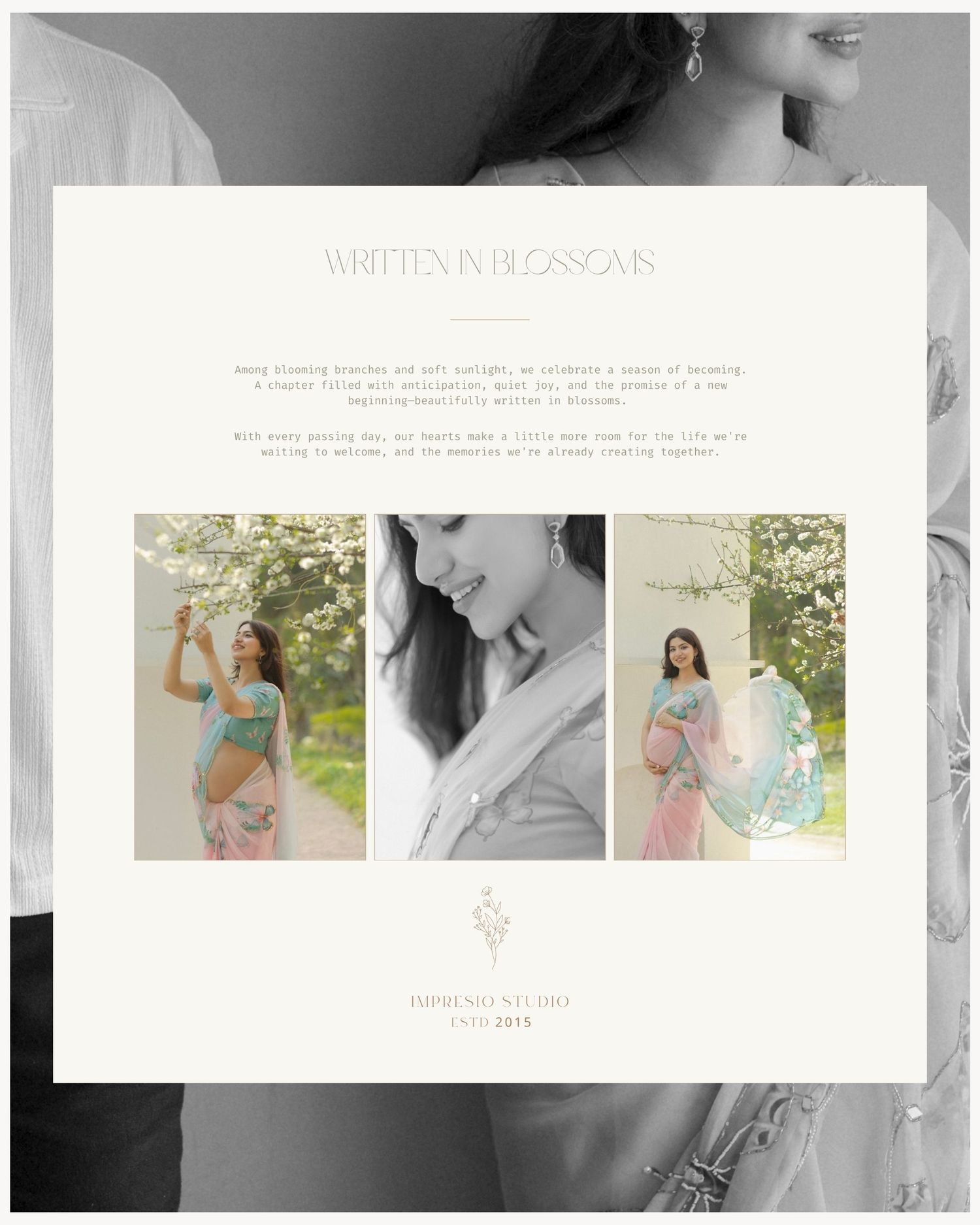 Elegant maternity photo collage titled Written in Blossoms featuring pregnant woman in floral setting with soft pastel tones.