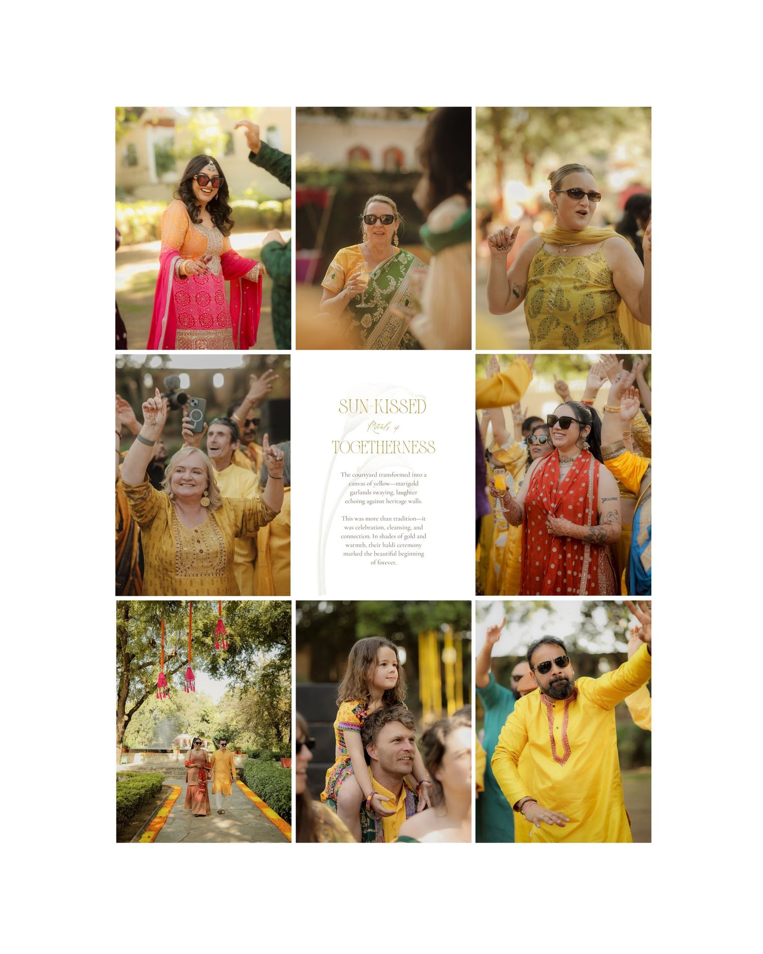 A vibrant collection of candid moments and celebrations at an outdoor Indian wedding featuring colorful attire and joyful expressions.