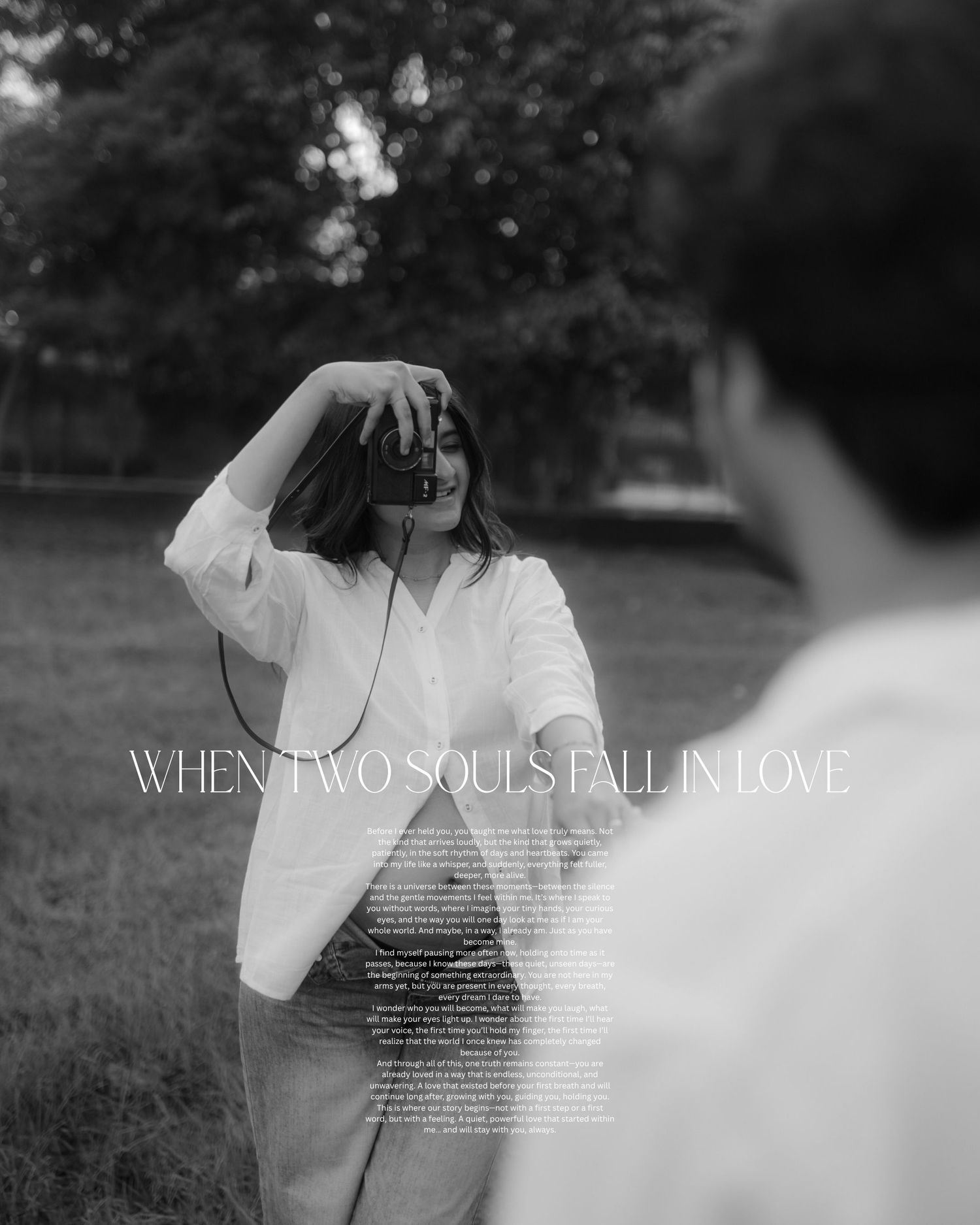 Black and white photo of a woman photographing outdoors with text When Two Souls Fall in Love overlay.