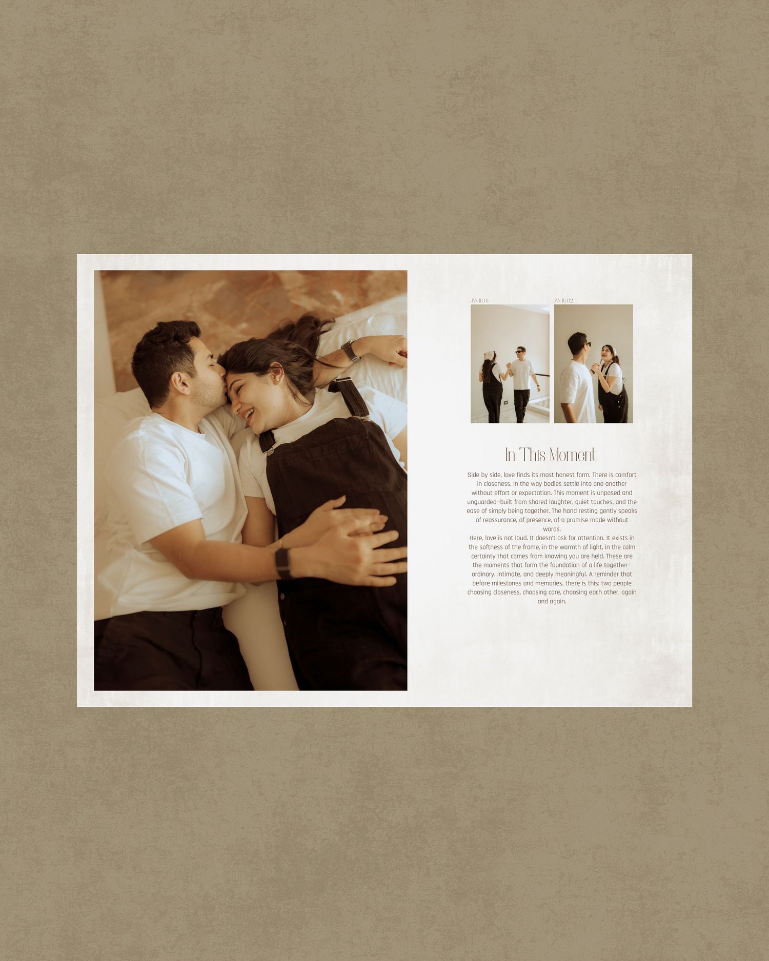 A romantic sepia-toned photo album layout showing intimate couple portraits and text on a textured background.