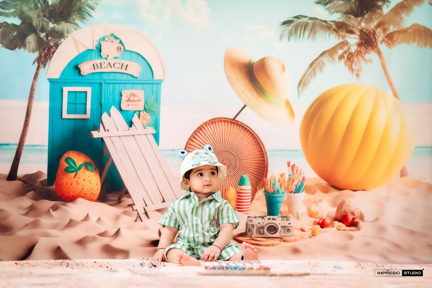 A series of soft pastel-toned beach and summer themed photos featuring pumpkins, seashells, and tropical elements.