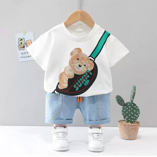 Casual children's outfits featuring white t-shirts, denim pants, and cute cactus decorative elements.