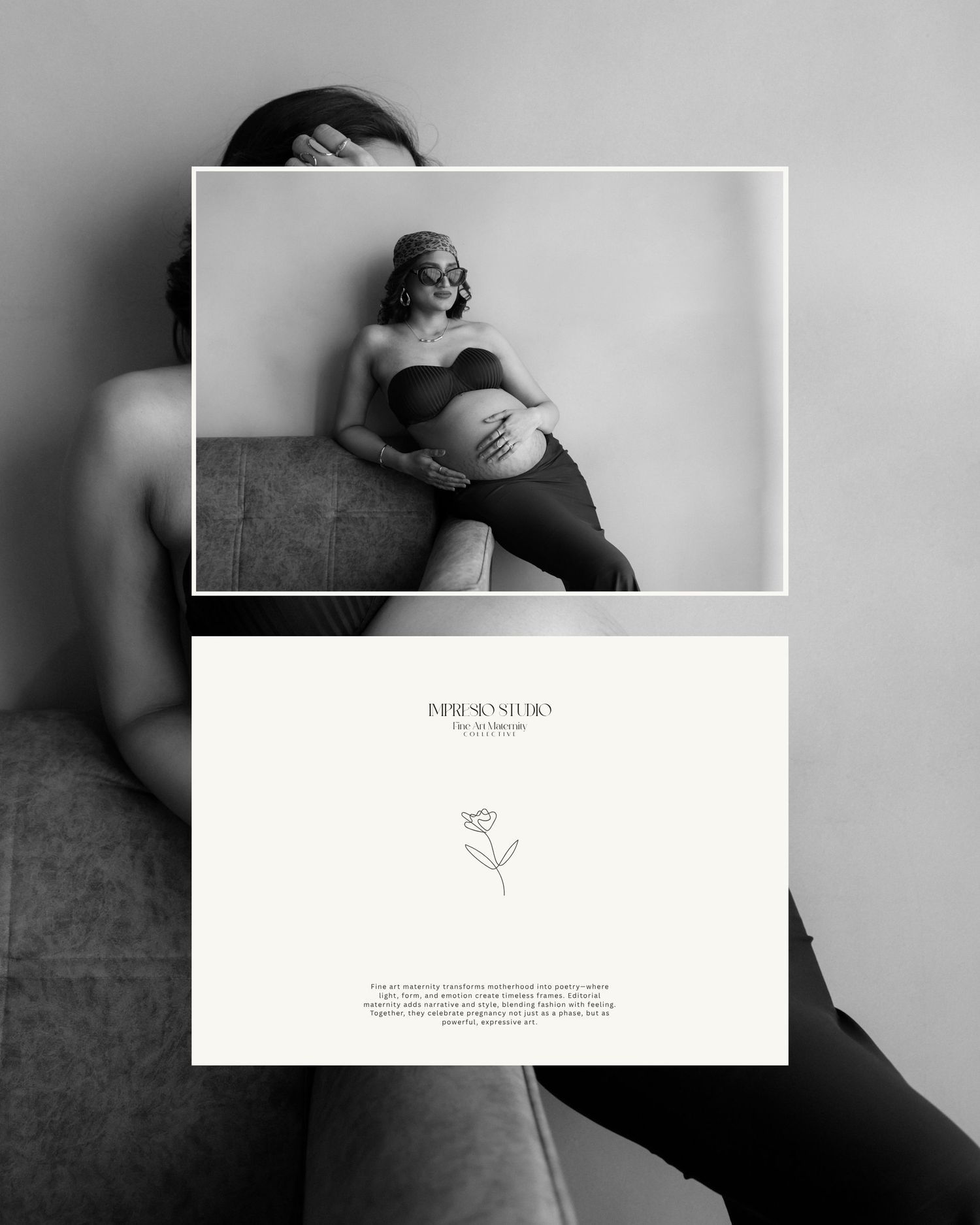 Black and white maternity photo shoot with elegant studio branding card featuring a floral logo design.