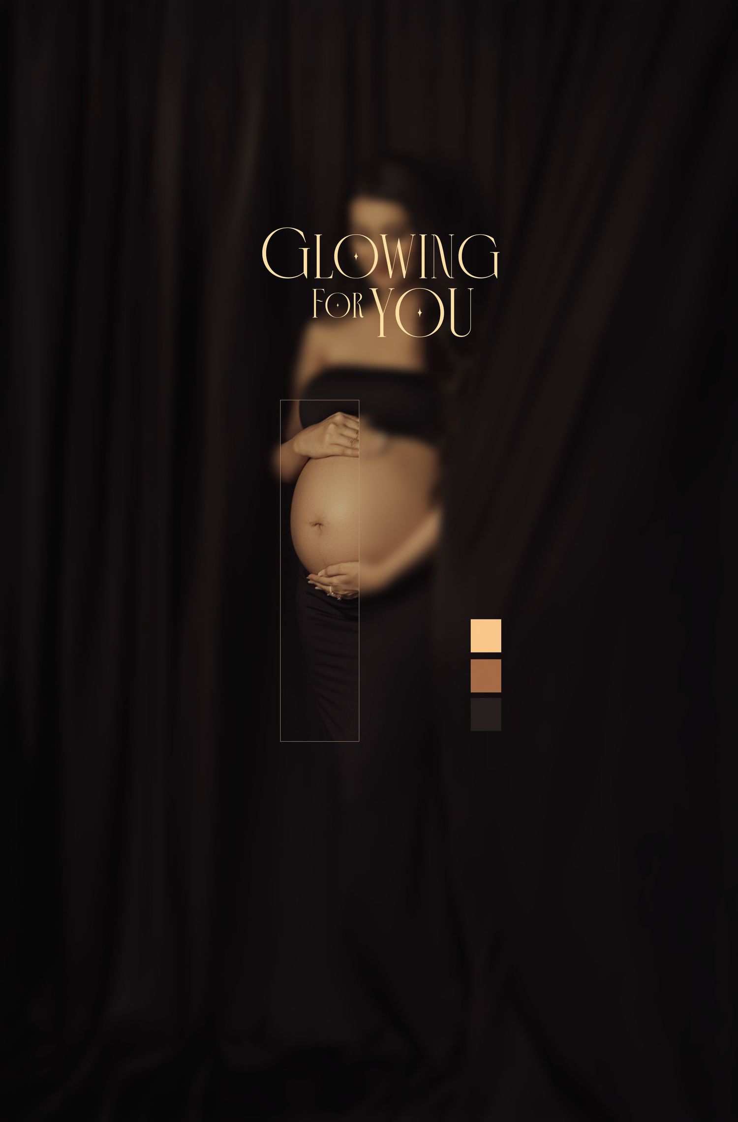 Pregnant woman cradling baby bump against dark curtains with elegant gold Glowing For You text overlay.