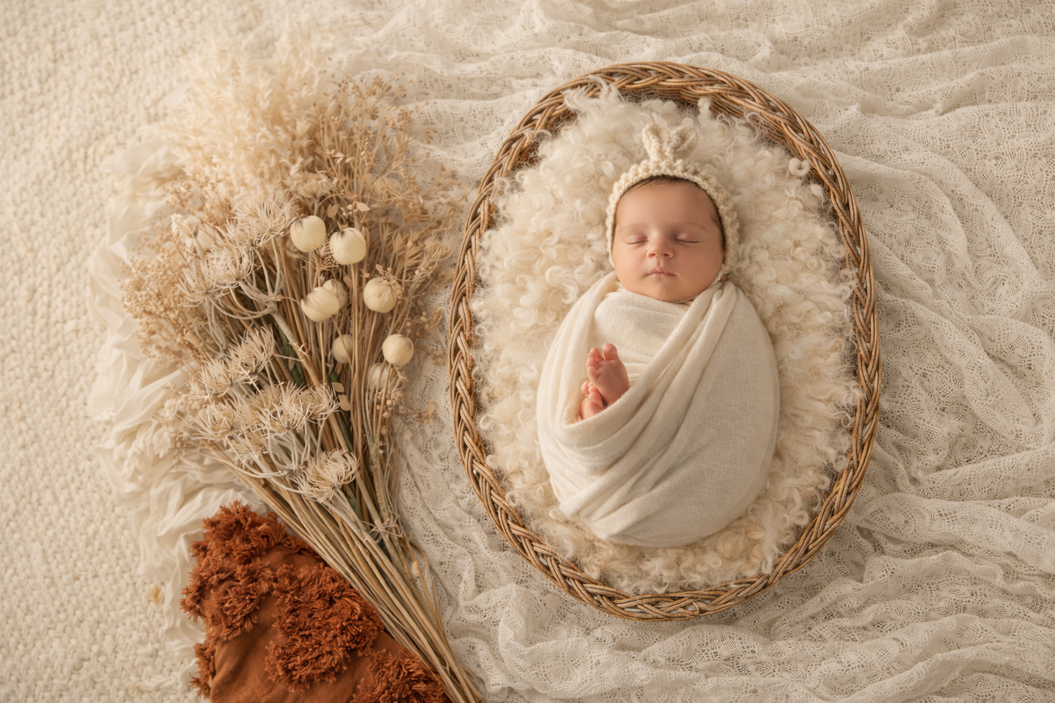 Newborn baby swaddled in white fabric lying on textured beige blanket with dried floral decorative elements.