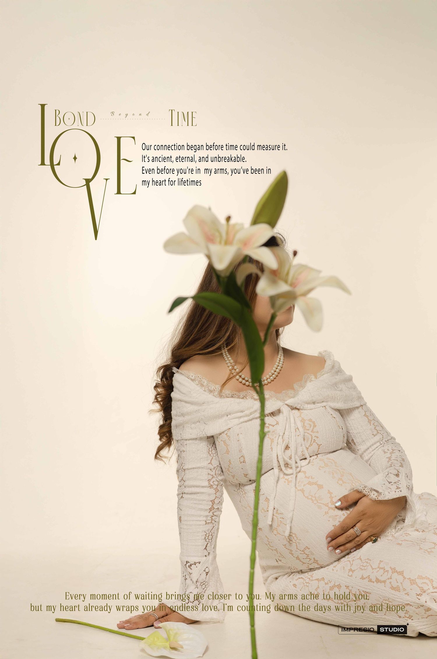 Pregnant woman in white lace dress holding lily flowers, with romantic love quote text overlay on light background.