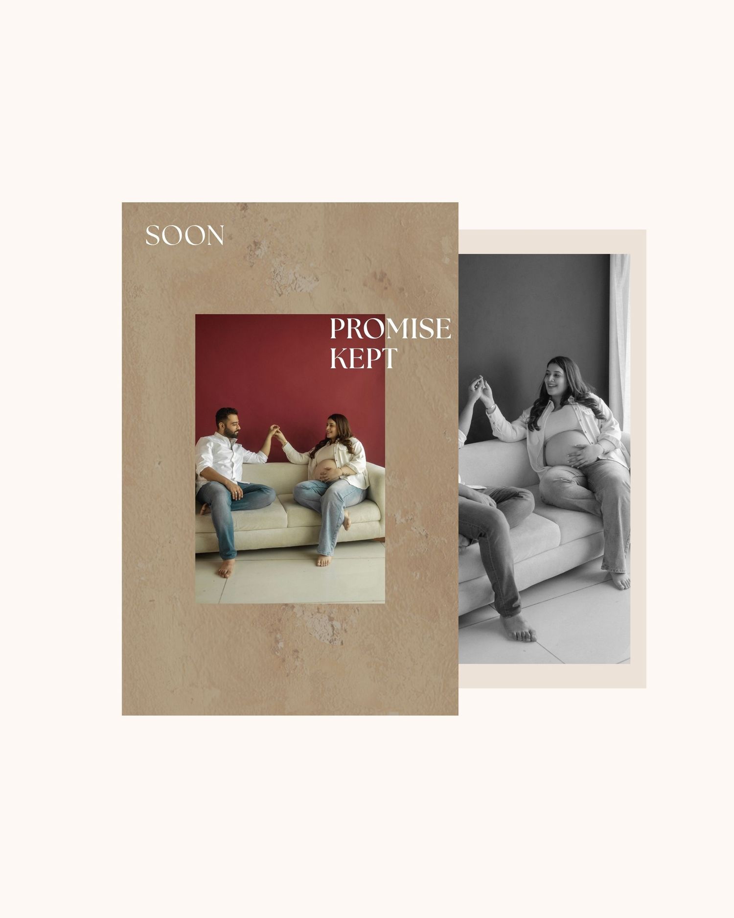 Maternity photo book titled Soon Promise Kept featuring a couple with a pregnant woman on a couch.
