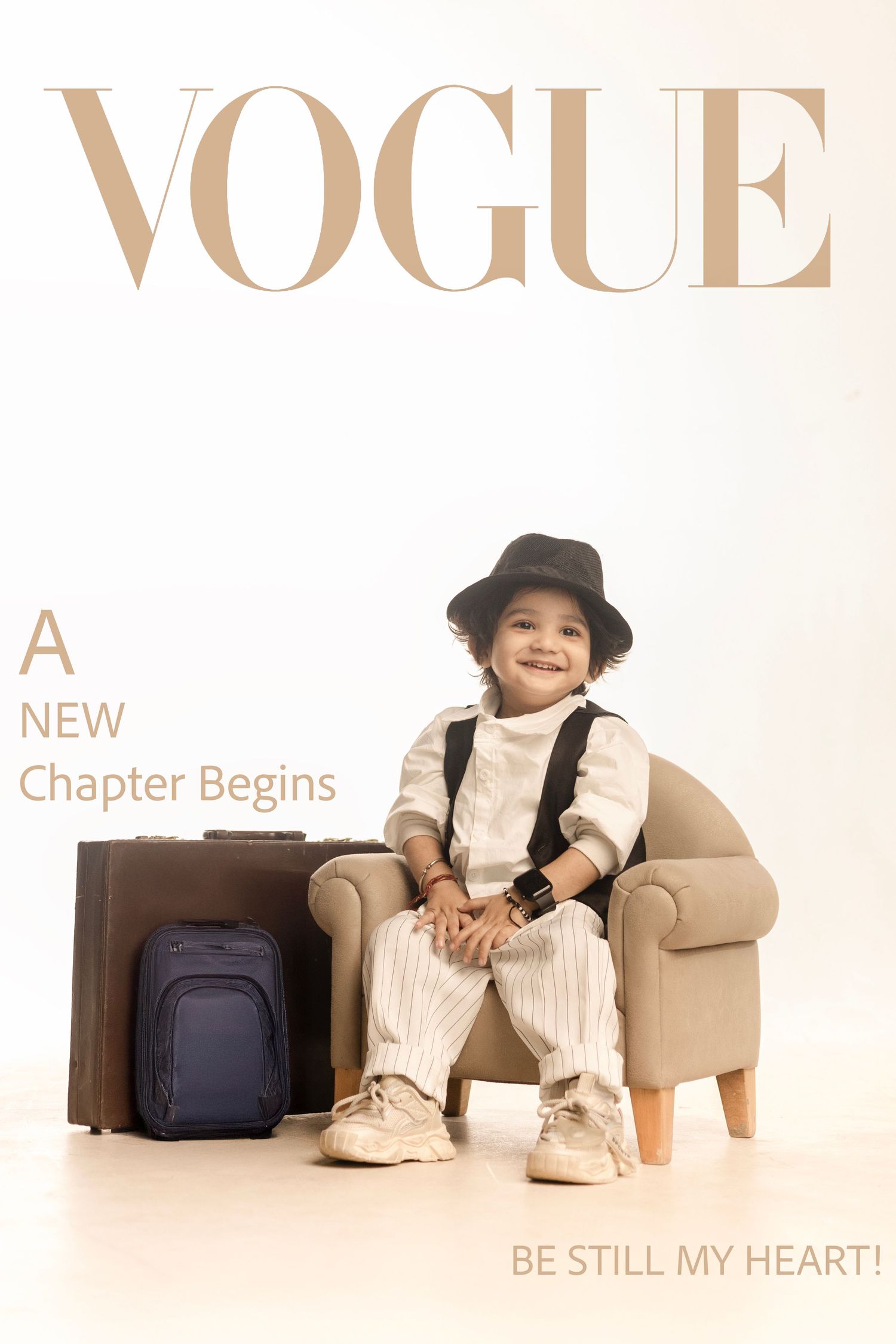 Adorable child in hat and suspenders sits in armchair with luggage on a Vogue magazine cover reading A New Chapter Begins.