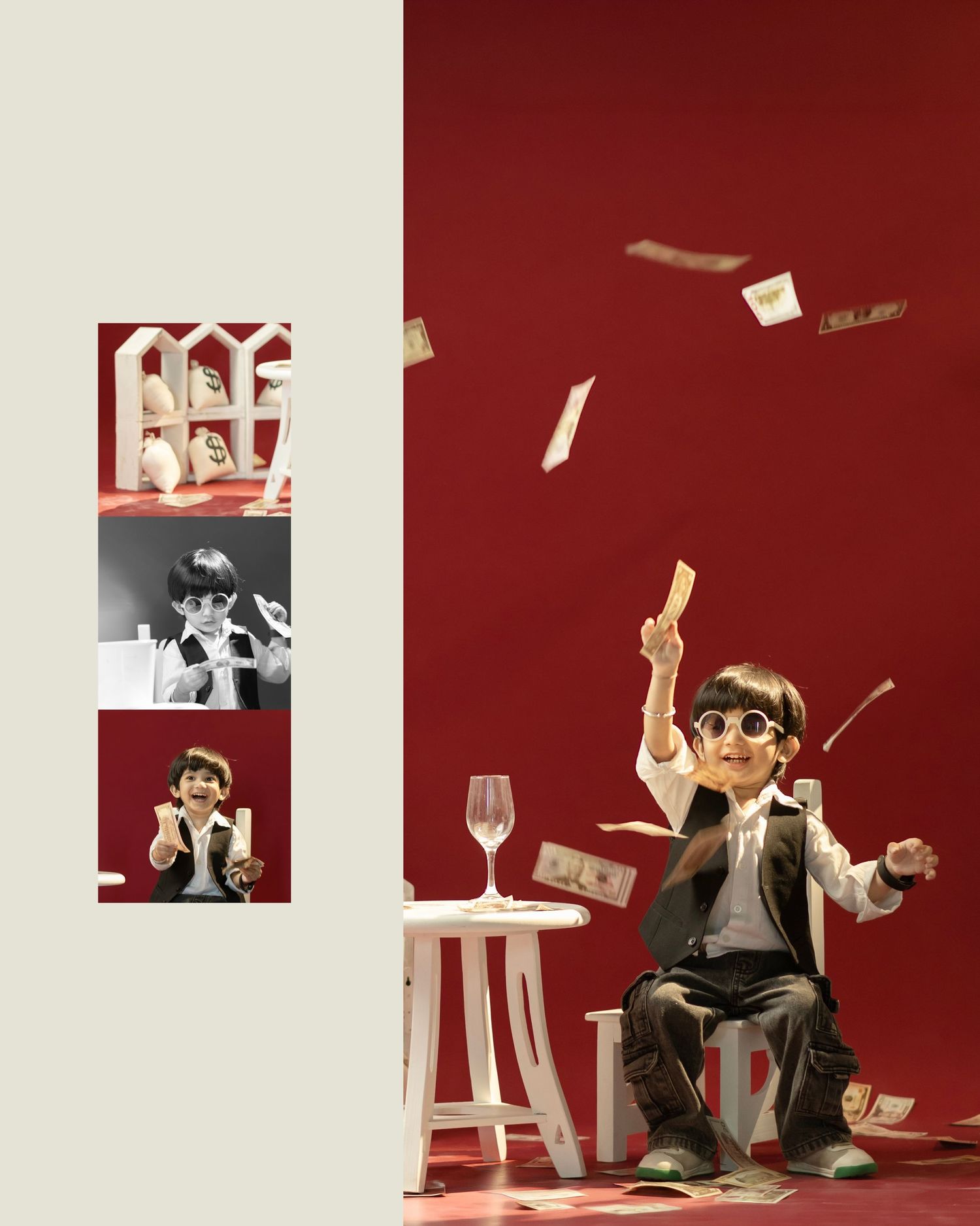 A stylish child in sunglasses and suit tosses money in the air against a red backdrop, with smaller photos on the left.