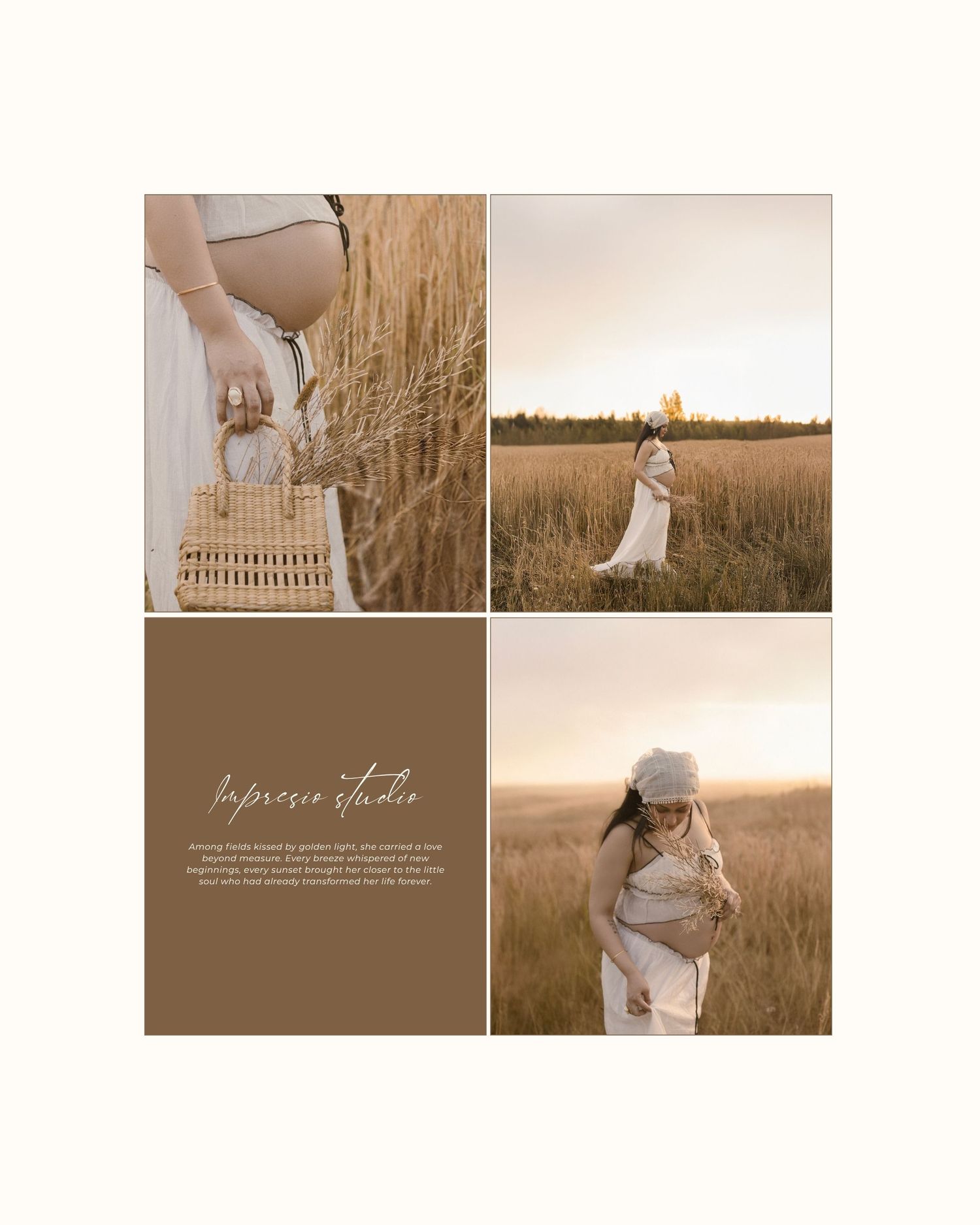 Pregnant woman in white dress holding wicker bag in golden wheat field, maternity photography collage at sunset.