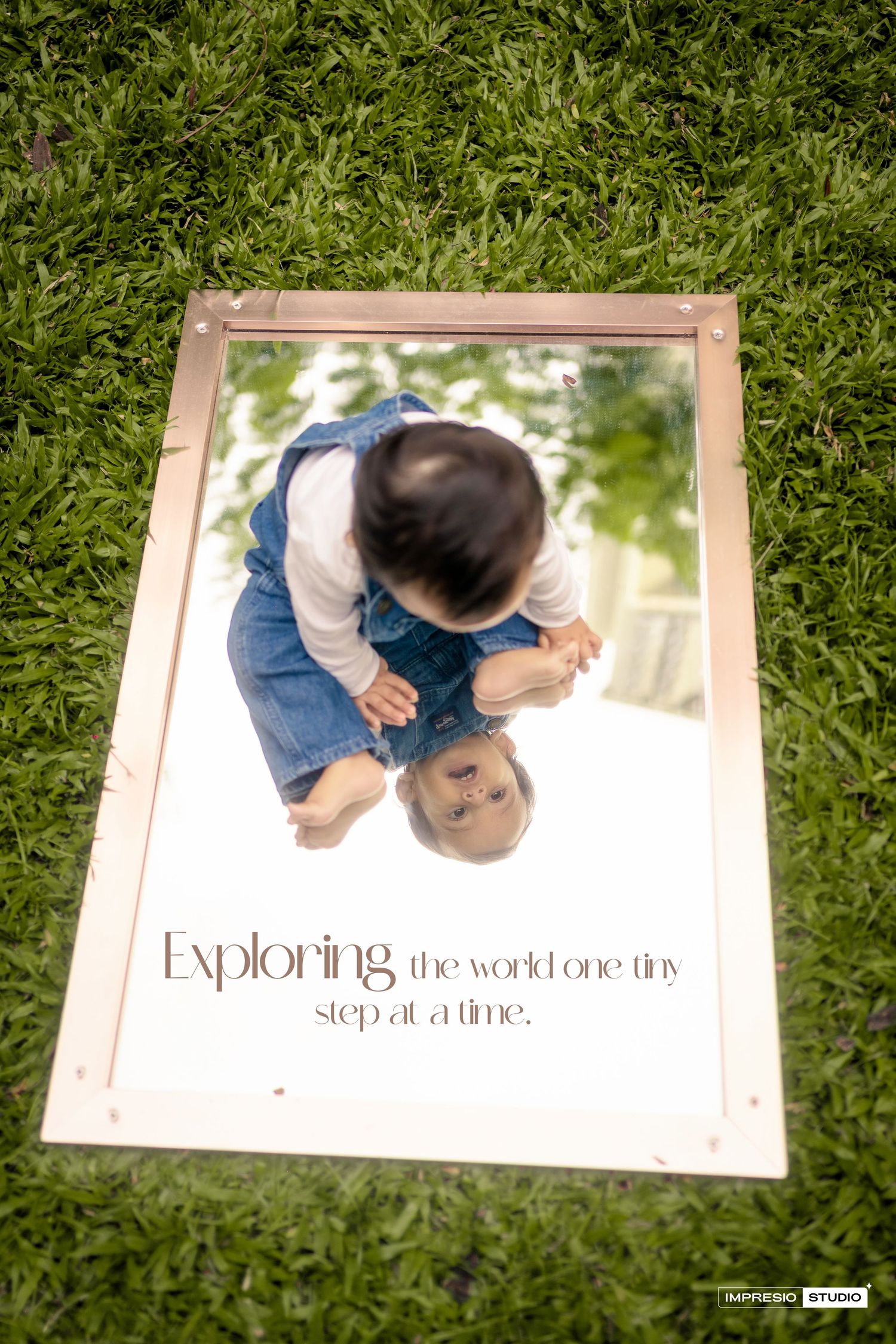 A sequence of photos showing someone looking down at a white paper on green grass with text about exploration.