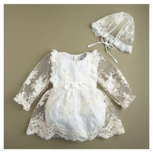 Elegant white lace christening dress with matching bonnet featuring intricate floral embroidery.