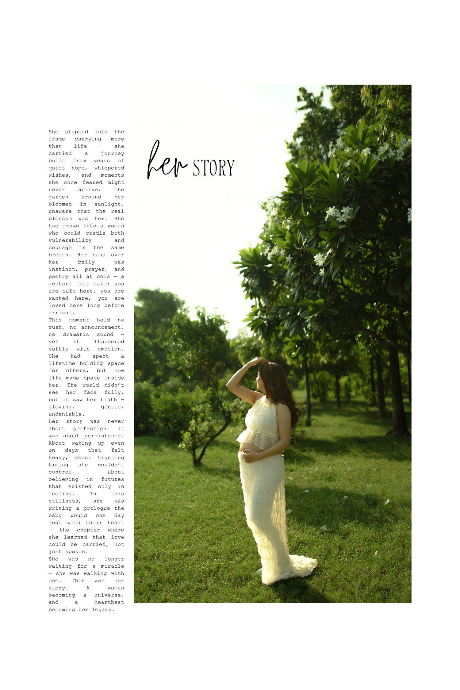 A love story photo collage featuring a couple in white clothing embracing in a lush green garden setting.
