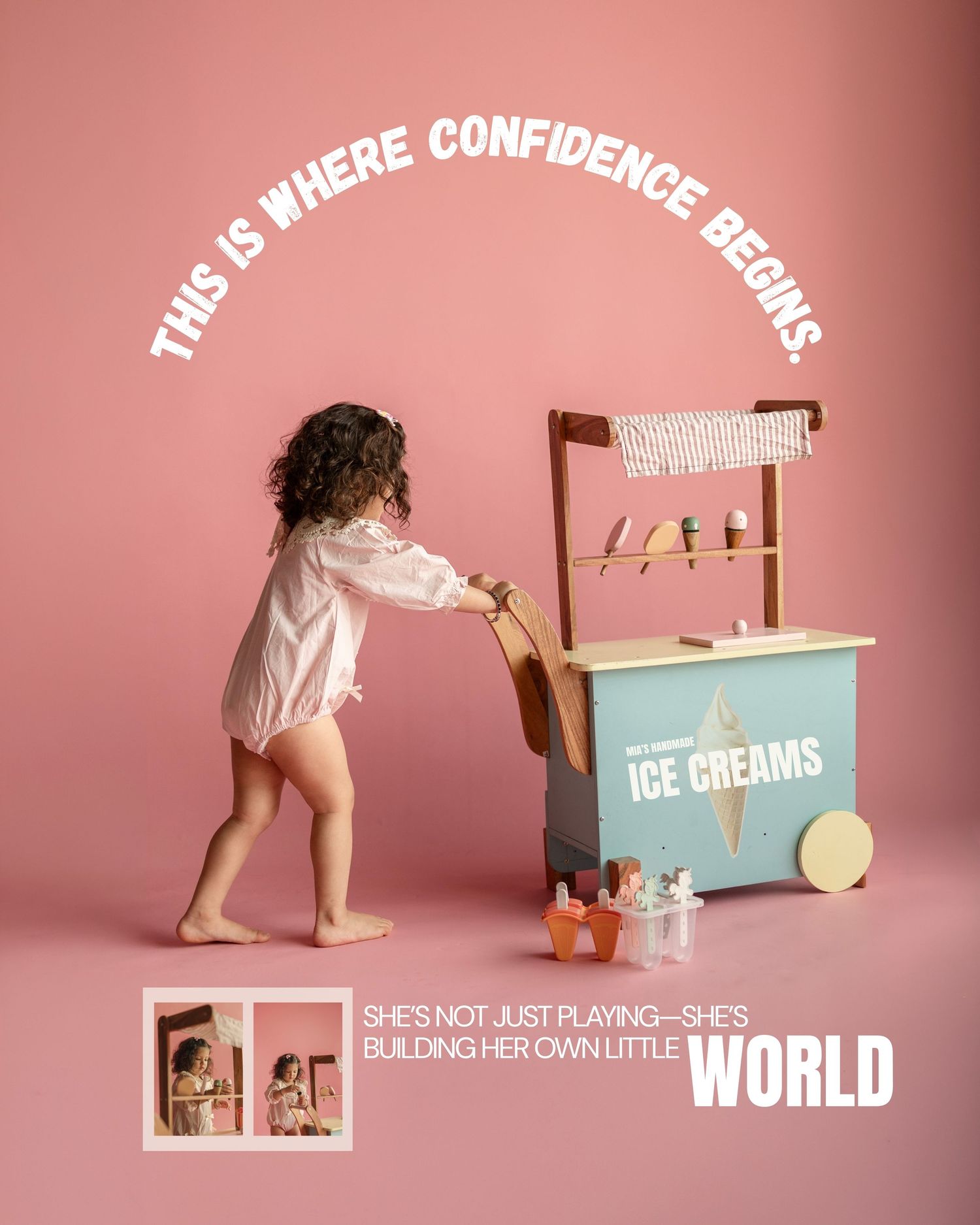 Toddler girl playing with a wooden ice cream cart toy on a pink background with confidence-building message overlay.