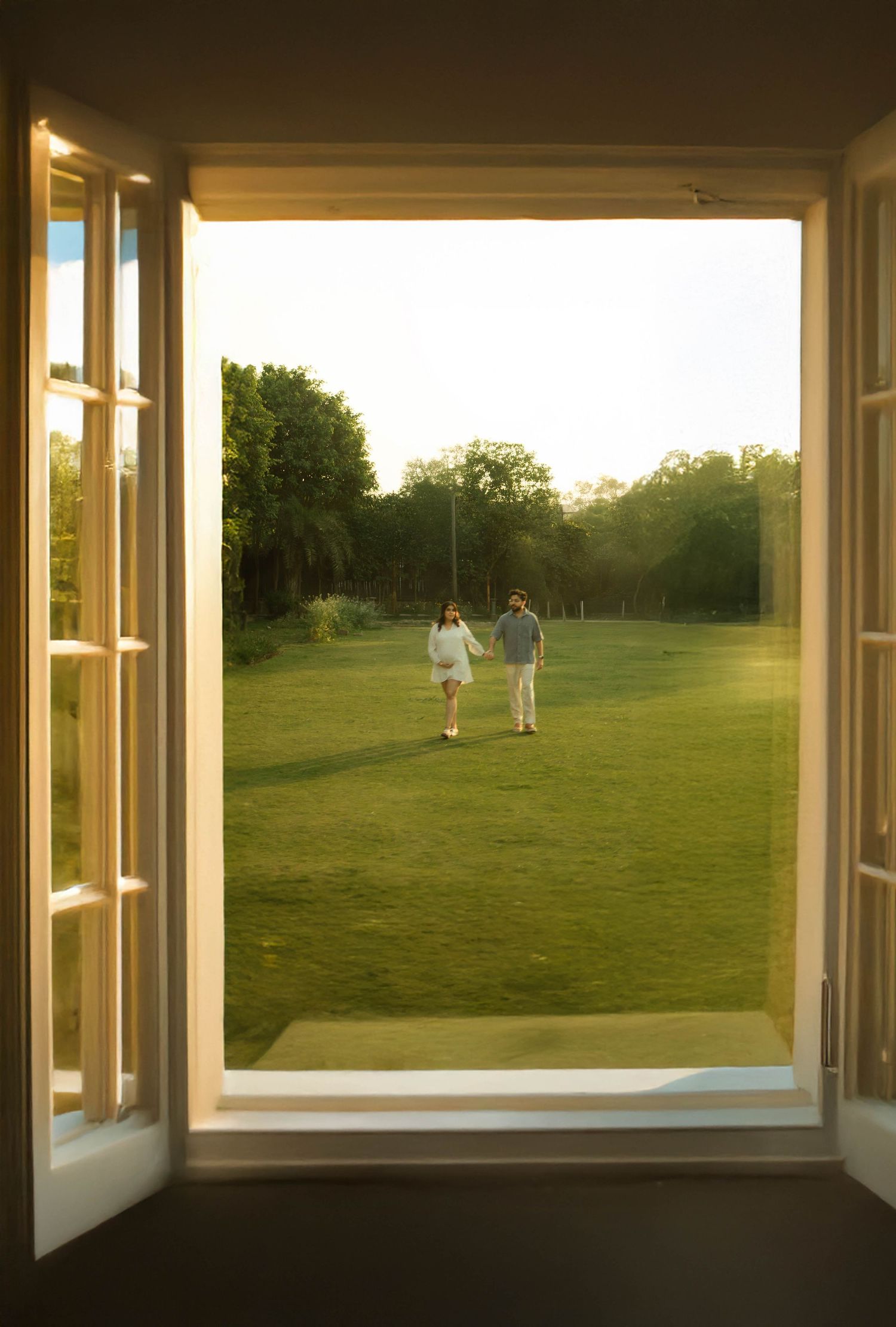 Couple holding hands walking on lush green lawn viewed through open French doors at golden hour sunset.