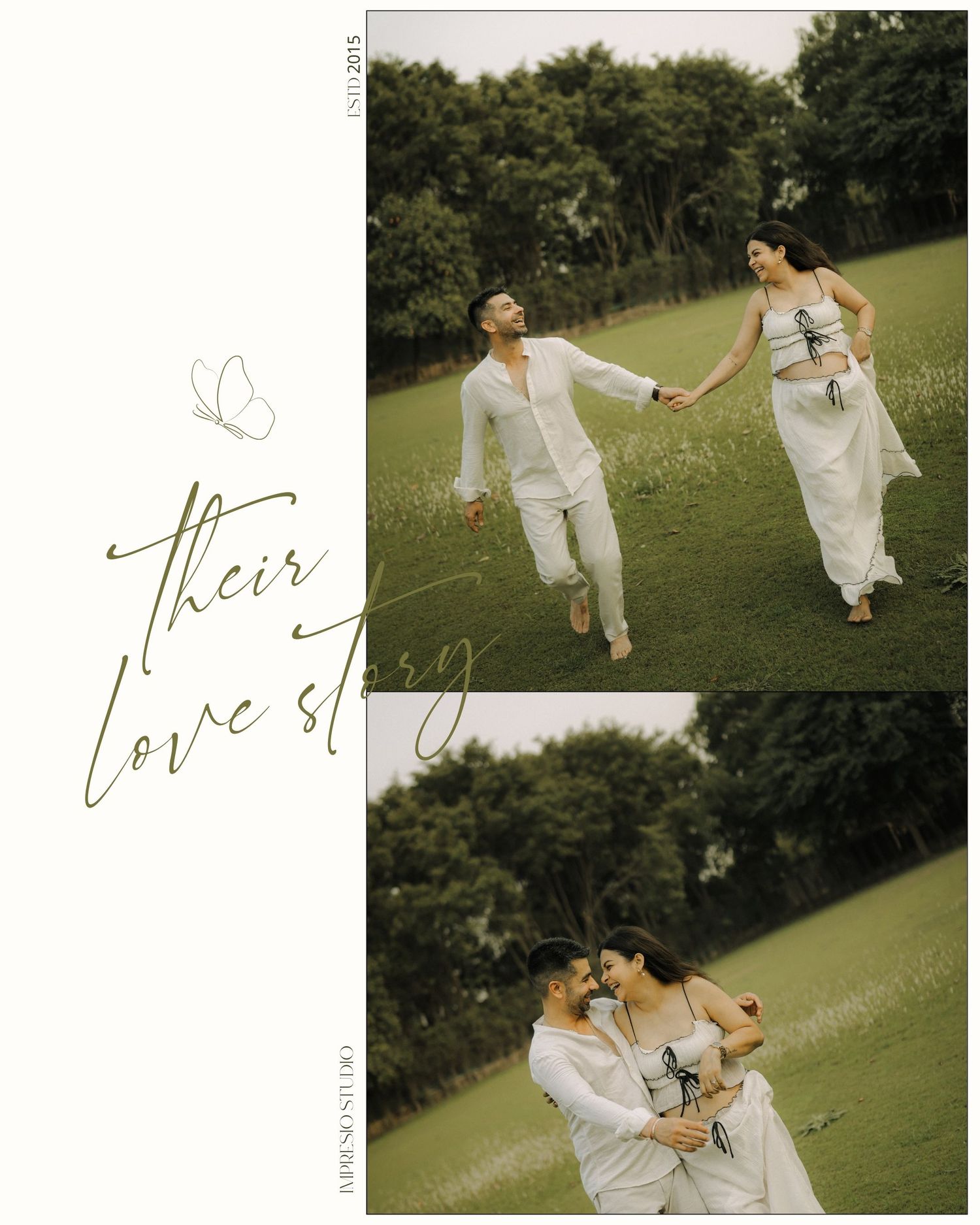 Couple in white outfits walking hand-in-hand on green meadow, romantic love story pre-wedding photo collage.
