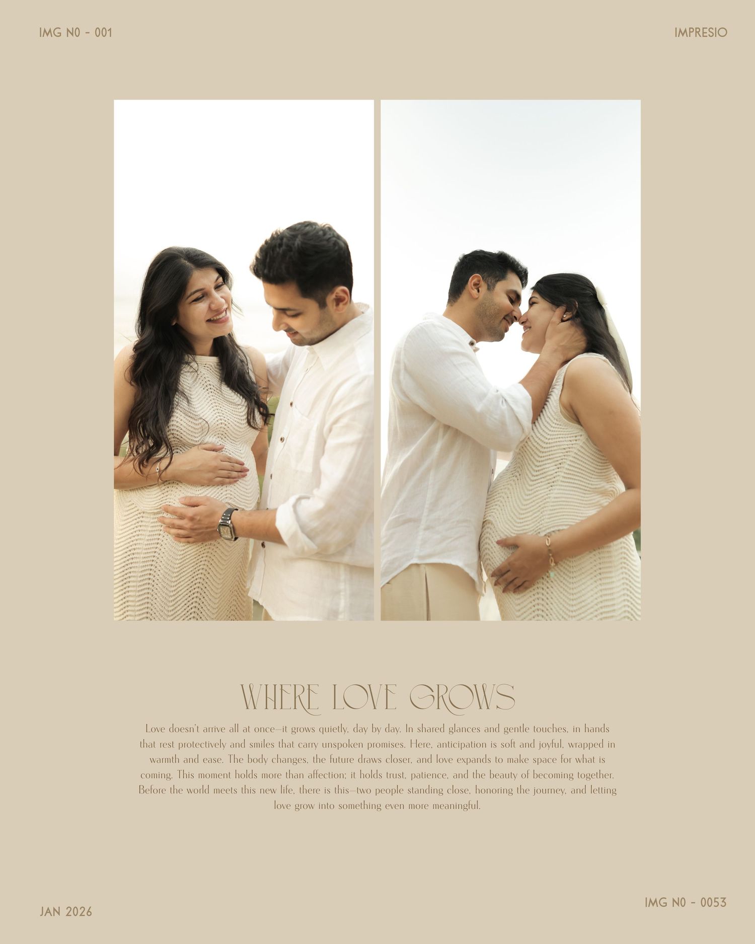 Romantic couple photography layout in muted beige tones showing tender moments between partners.