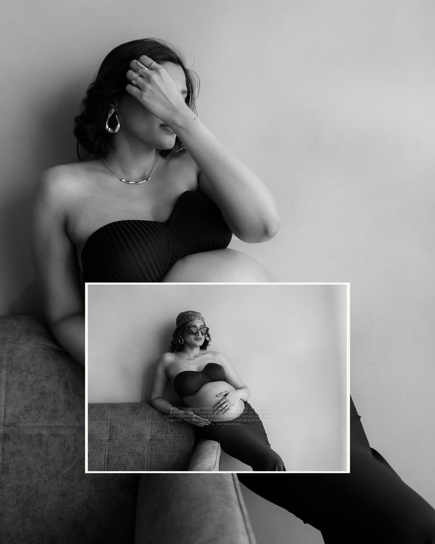 Black and white maternity photo collage featuring a pregnant woman posing elegantly in a strapless outfit on a couch.