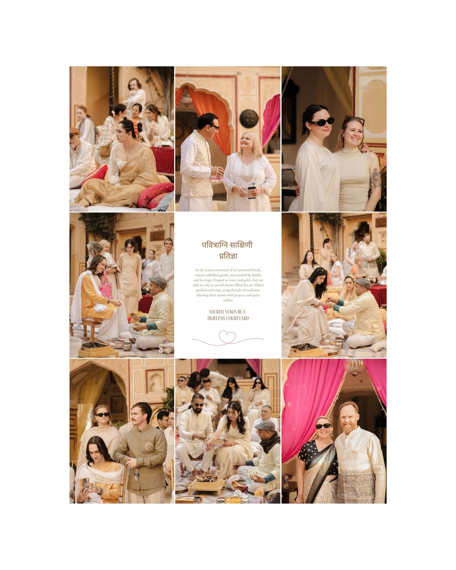 A collage of wedding photography session photos showing couples and families celebrating in warm indoor settings.