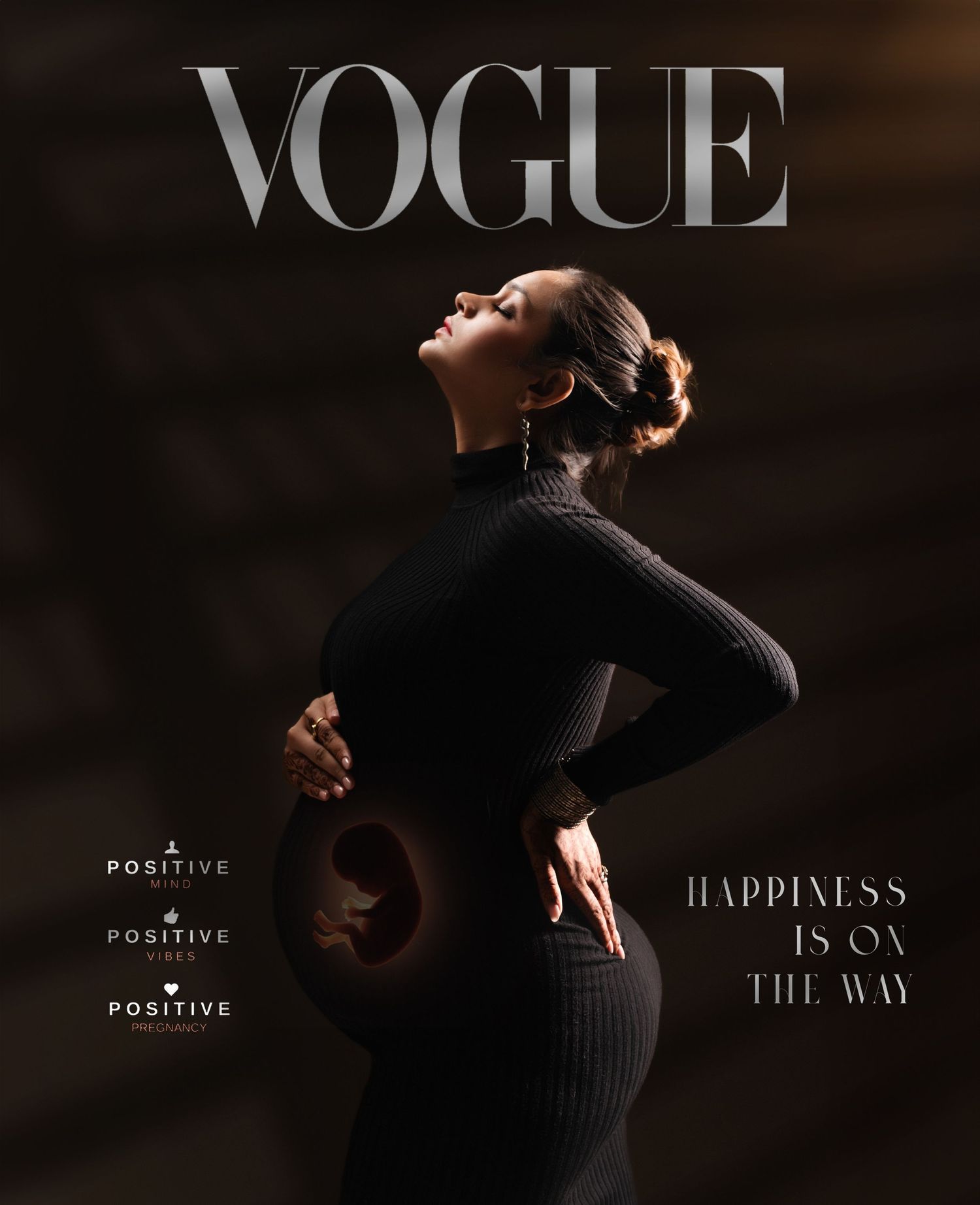 A series of dark moody fashion photographs with Vogue magazine branding showing elegant poses in black attire.