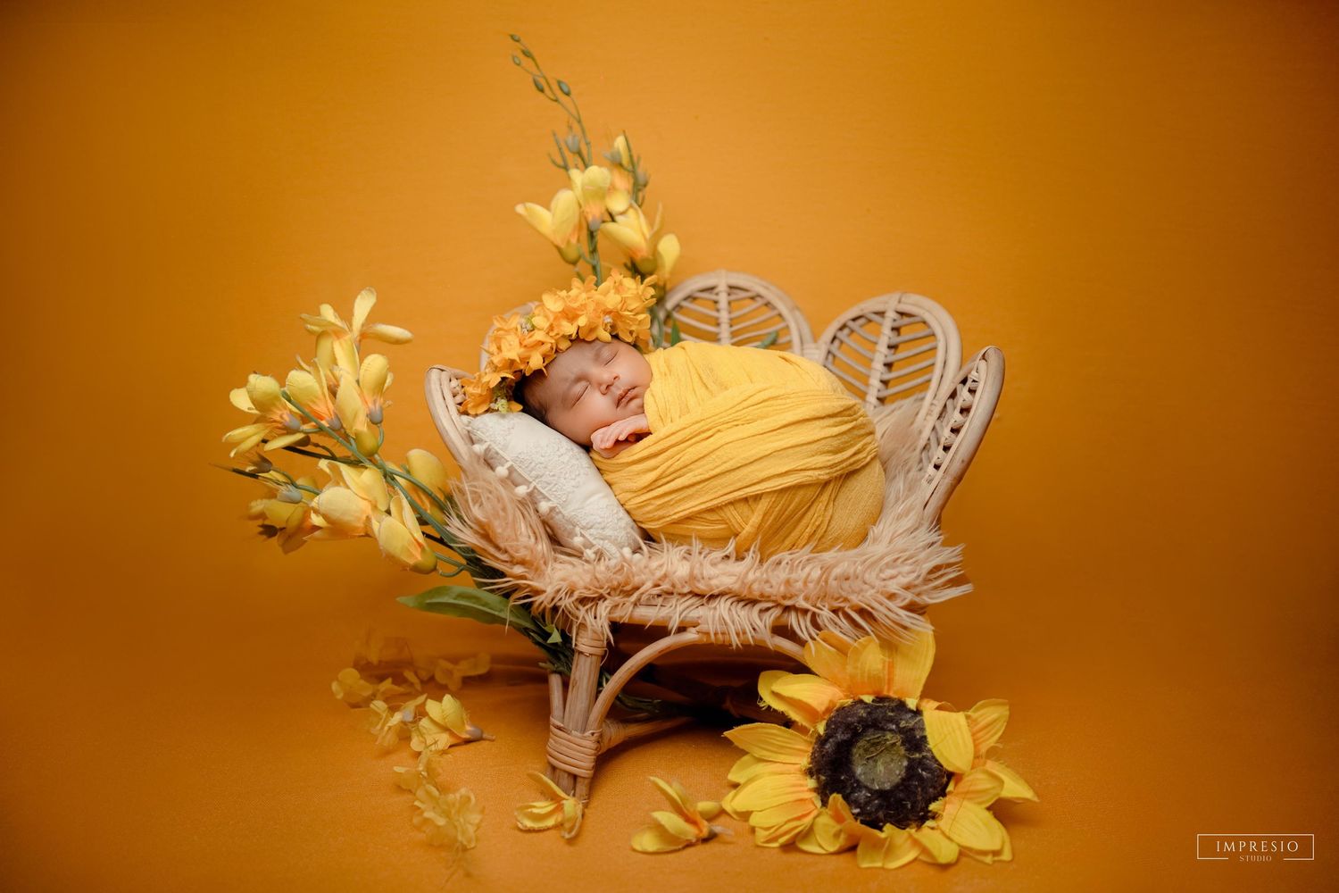 Newborn baby wrapped in yellow swaddle sleeping in wicker chair surrounded by sunflowers on golden background.
