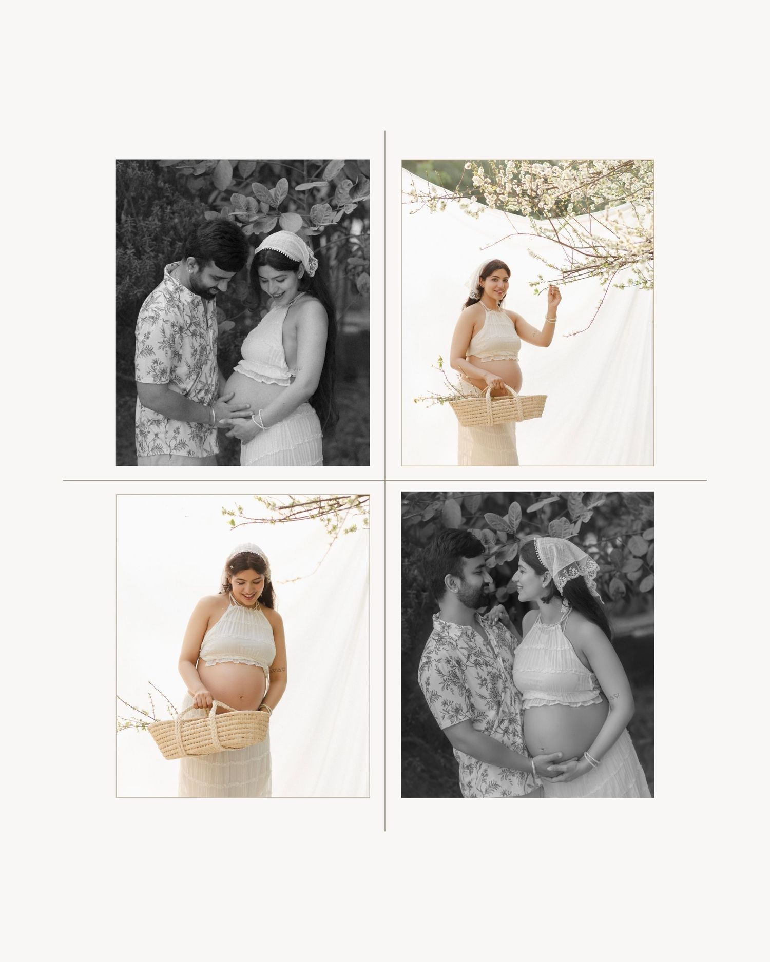 Elegant maternity photo collage featuring a pregnant woman in soft neutral tones, posing outdoors with flowers and a wicker basket.