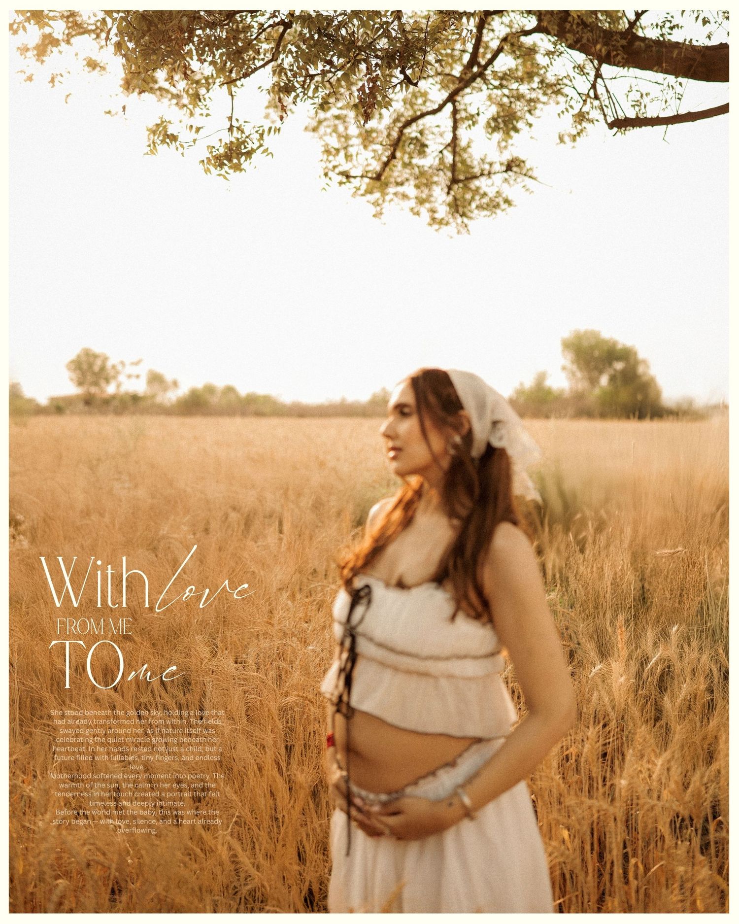 Pregnant woman in white dress standing in golden wheat field holding baby bump, soft sunlight filtering through trees.