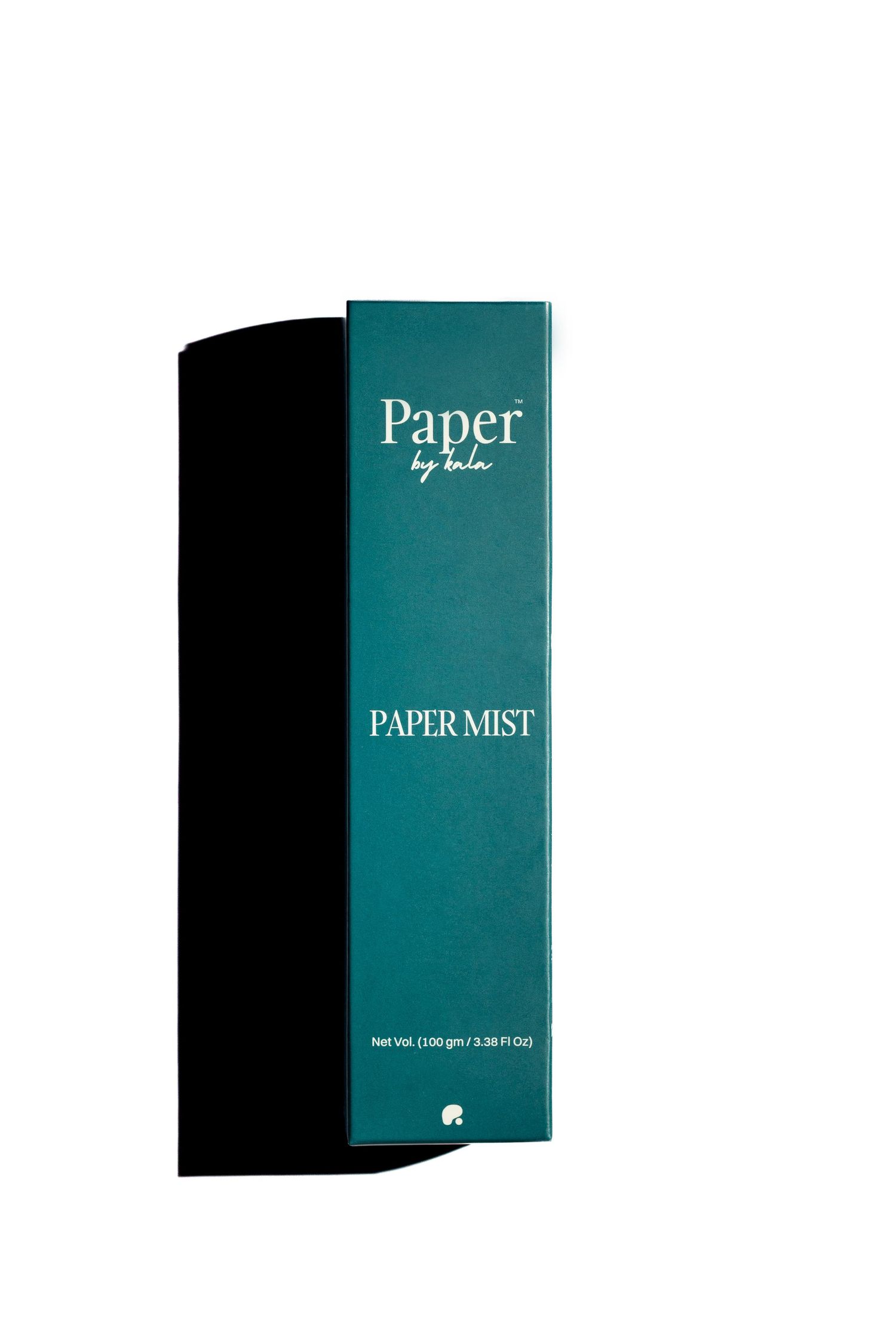 Tall teal green box of Paper Mist by Kala with white lettering, net volume 100 gm / 3.38 fl oz, shown against a white background.