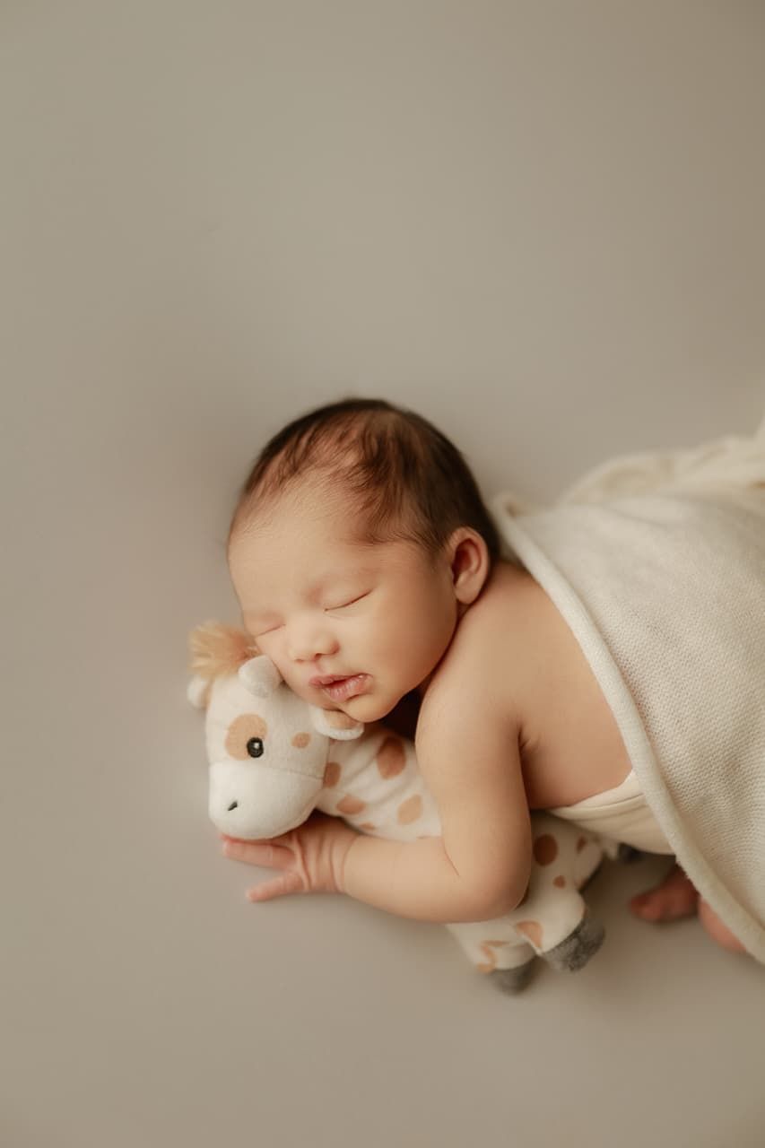 Peaceful newborn baby sleeping while cuddling a soft giraffe stuffed animal, wrapped in a cream knit blanket.