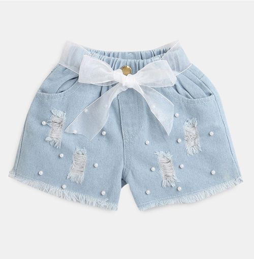 Light blue denim shorts with white bow and bunny pattern embellishments.