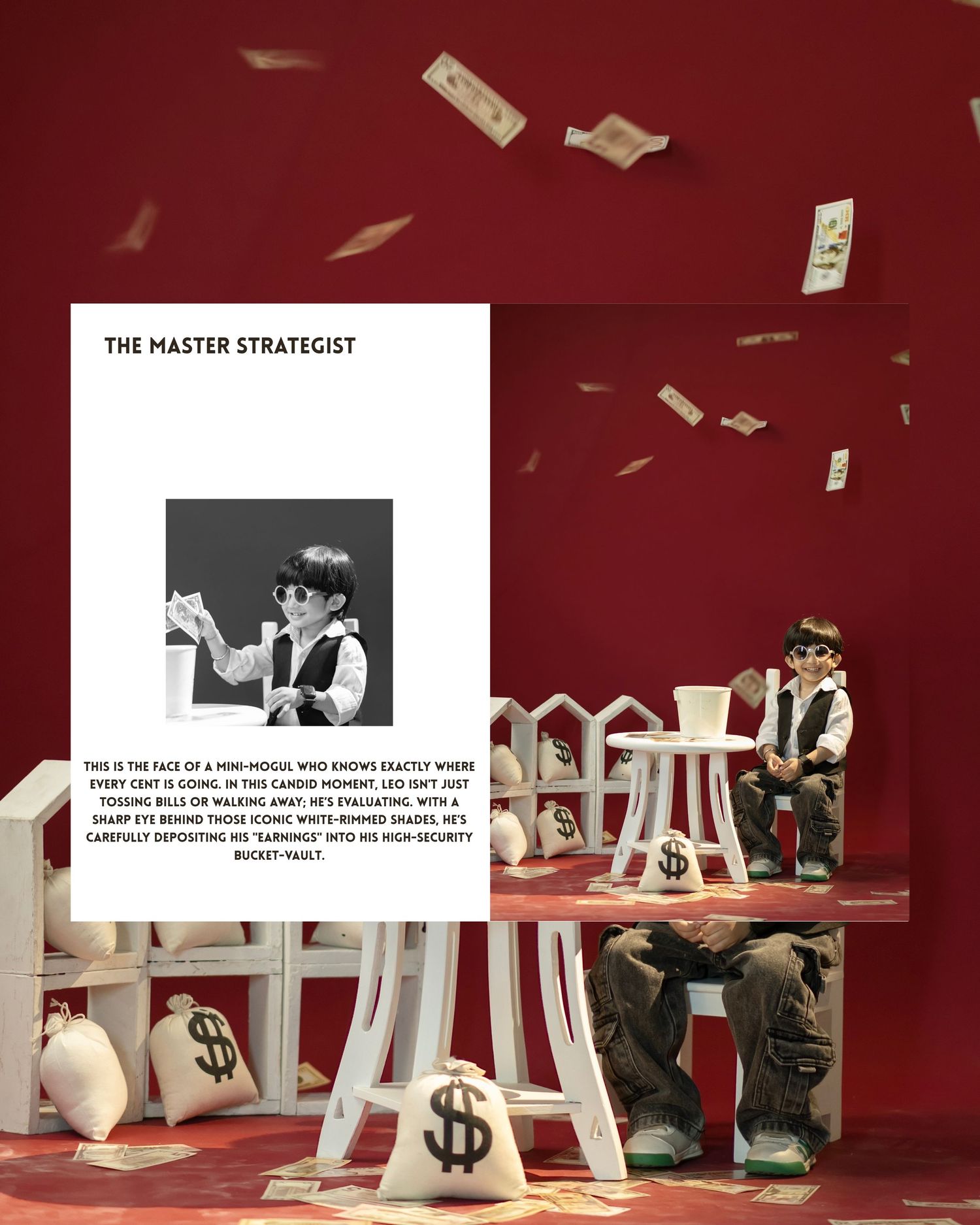 A toy figurine of a mini mogul sits on a stool surrounded by money bags and falling dollar bills on a red background.