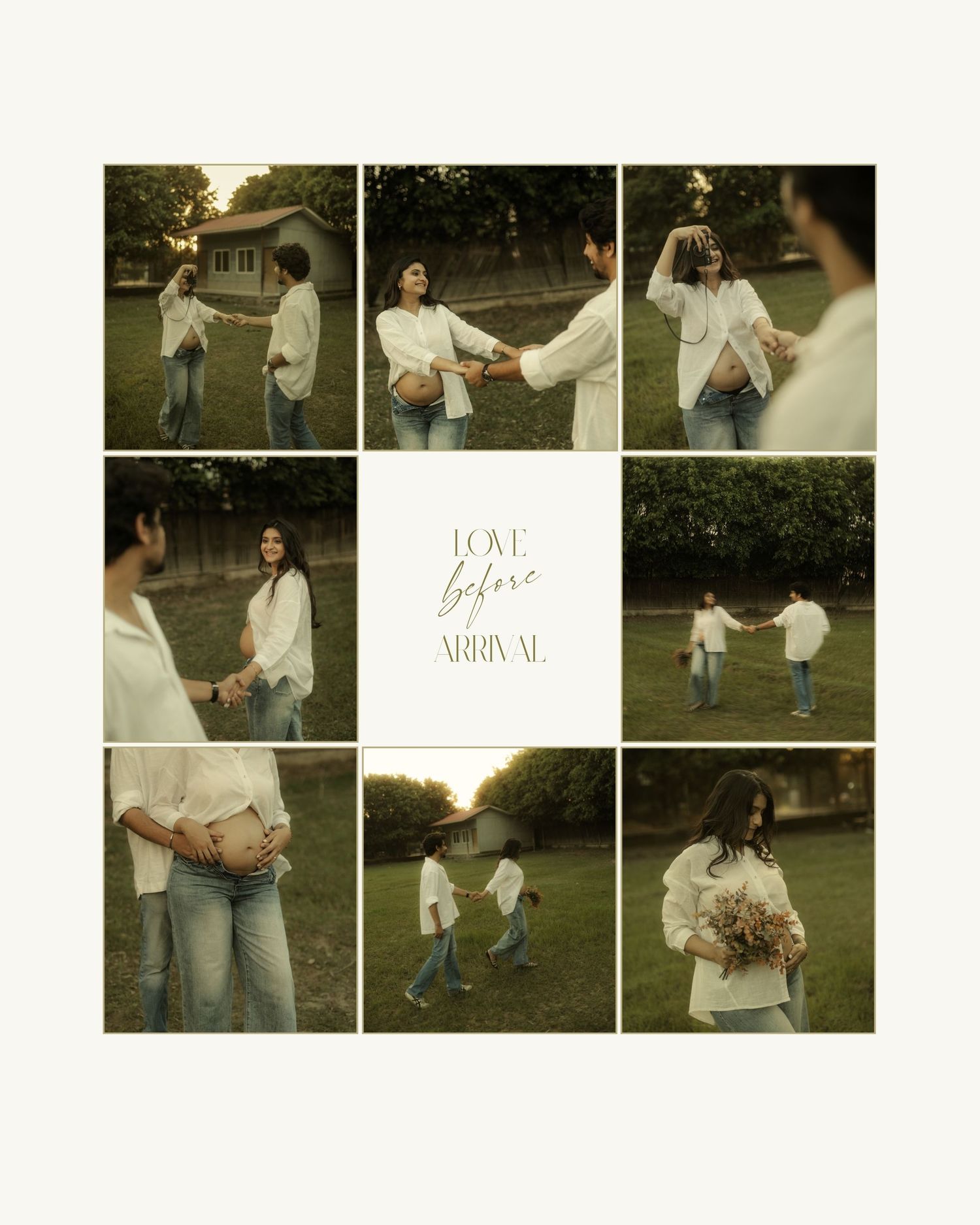 Romantic maternity photo collage of a couple in white shirts and jeans outdoors, titled Love Before Arrival.